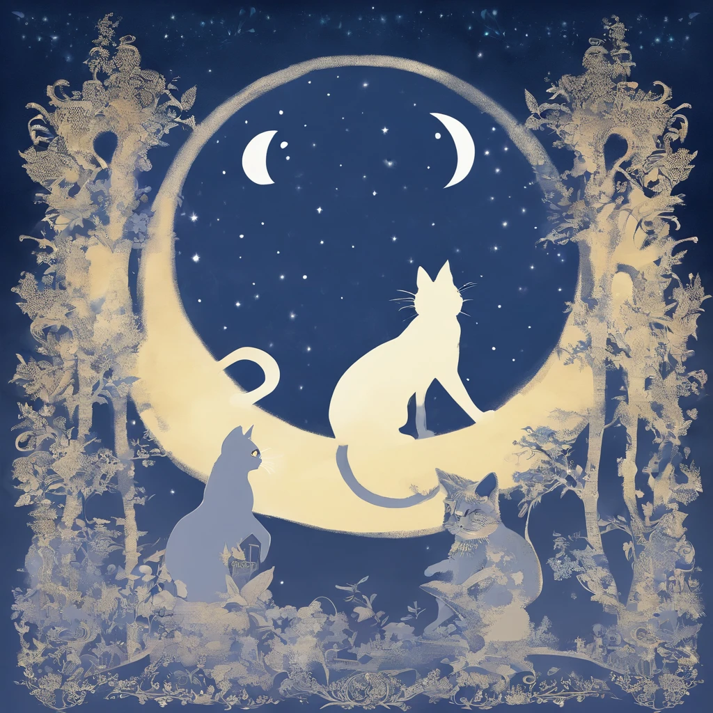 Silhouette three Cat Concert with a large fullmoon in the background on the roof Fantastic atmosphere Picture book illustrations watercolor paiting Overall, the color is strong dark blue