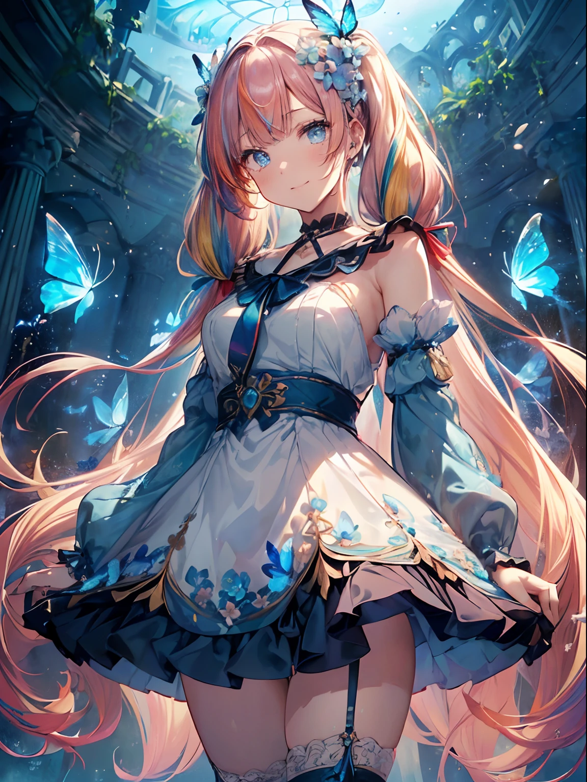 (masutepiece:1.3), (8K, Photorealistic, Raw photo, Best Quality: 1.4), Beautiful face, (Realistic face), Beautiful detailed eyes, (Realistic skin), Attractive, Intricate details,Golden ratio,  1 girl,Naughty smile, (rainbow hair:1.4),((Long twintails,Ribbon 1.4)),（overlooks),Dynamic Angle,ultra-detailliert, illustratio, gros-plan, Straight, One Girl, (Fantasia:1.4), (azure eyes:1.233),Her eyes shone like dreamy stars,(radiant eyes:1.233) ,(beautiful and delicate eyes:1.1),((+(Bullhair flower:1.14)),(Chiffon dress,Blue floral pattern on uniform)/=(military outfits:1.24),(no sleeves,Wide sleeve),(fingerless gloves),a choker,(Priestess Niso),high-heels,(deadpan,Mouth closure),(Standing), (classical Princess boudoir with dressing tableand french windowin a white ancient palaces),(white blossoms、florals),(abyssal),(flowingwater),(Dull Blue World Tree:1.14),(ruins),(natta:1.2 ),dreamy,Seoul,(fluorescent),(Translucent blue butterfly flight:1.15),[[Delicate fingers and hands:0.55]::0.85],(Fine fingers),(yubao:0.5)