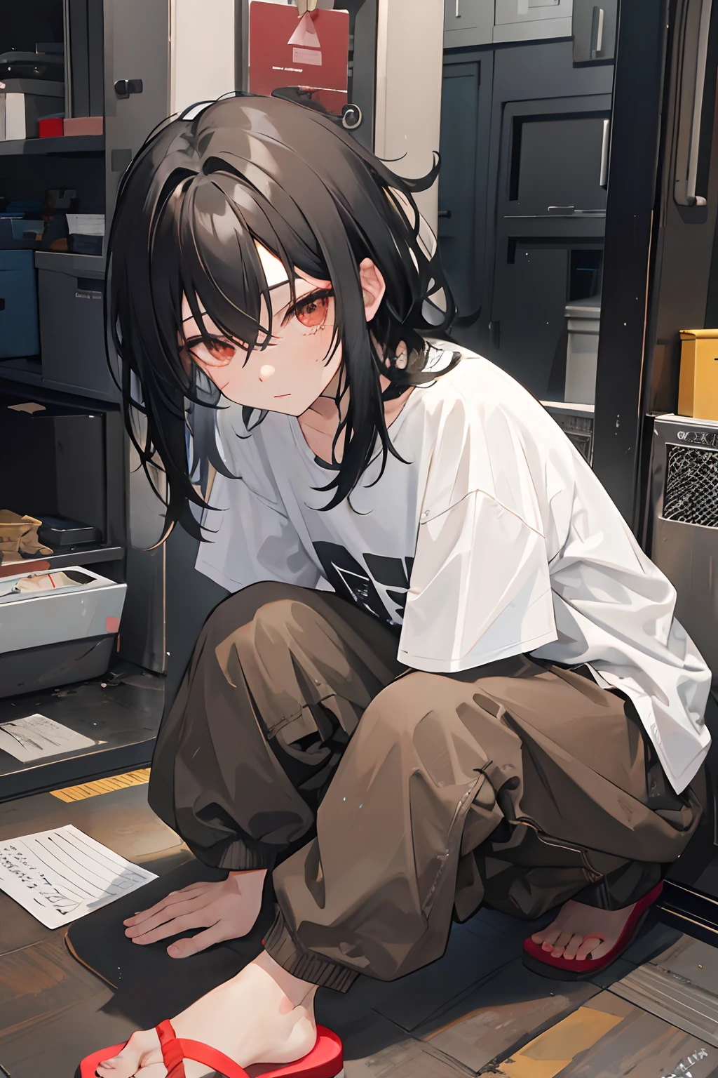 1 boy, knee length black hair, messy hair, bangs, tan skin, baggy clothes