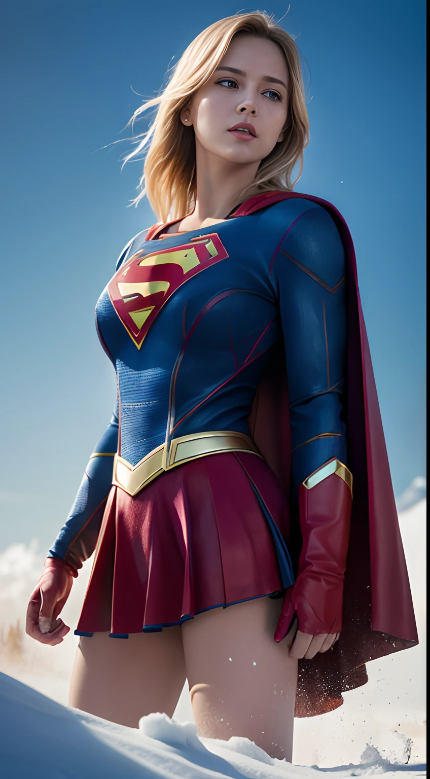 (The best quality,A high resolution,Ultra - detailed,actual) ,(short blue hair), (UHD, 8K Wallpaper, high resolution), cinematic lighting, physically based rendering, awarded, extremely detailed skin, Extra detailed face , big breasts, ella porta un uniforme de Super Girl super man, Carl Zeiss 85 mm F/1.4, ,(beautiful blue eyes), (cowboy pose ), (realistic) ,8K high quality detailed art, Fanart Mejor ArtStation, Fantasy art style , (Supergirl:1.4), (Super Girl:1.4), (miniskirt rojo:1.4), (ripped red top:1.4),  (background in outer space:1.5) ,(convex, Detailed fingers), (uniforme white Supergirl ),  sexy, 4k, best quality, highly detailed background, extremely high-quality graphics, Ultra detailed, (blue hair:1.3), (short hair:1.2),