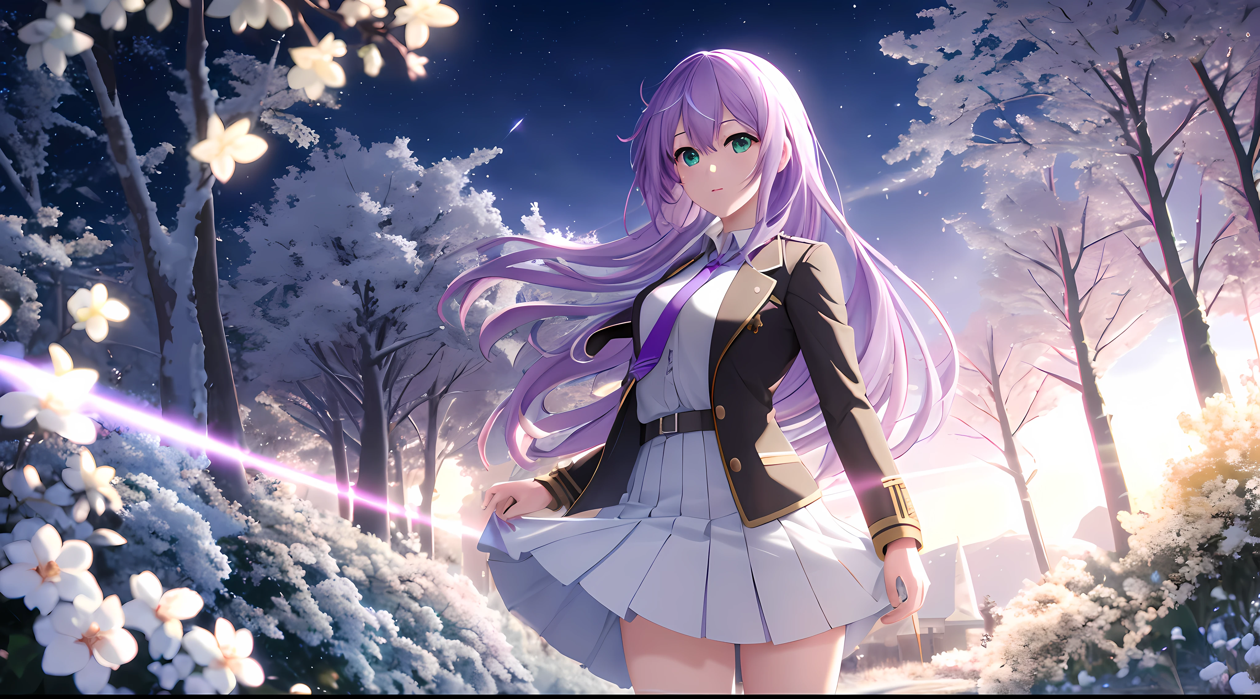 Athena with plain long light purple hair,hair between eyes,green eyes,rosy cheeks,full lips,thin eyebrows,slender body,wearing school coat necktie and full long skirt,cute anime girl,full body,village cobblestones in background,anime style,extremely deep depth of field,Lumen Reflections,Screen Space Reflections,Diffraction Grading,Chromatic Aberration,GB Displacement,Scan Lines,Ray Traced,Anti-Aliasing,FXAA,TXAA,RTX,SSAO,Shaders,OpenGL-Shaders, GLSL-Shaders,Post Processing,Post-Production,cell Shading,Tone Mapping,CGI,VFX,SFX,insanely detailed and intricate, 4K,standing, solo, masterpiece, best quality, detailed face, detailed eyes, highres, standing, solo,masterpiece, best quality