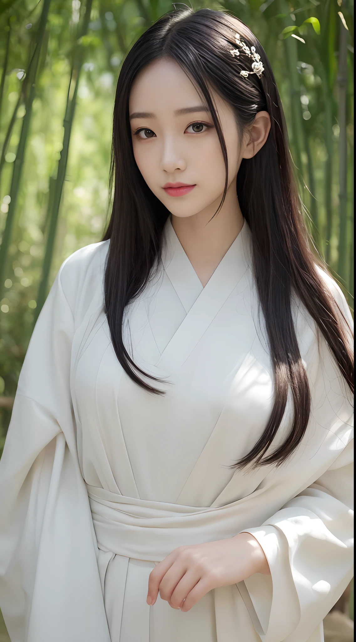 (Best quality,4K,A high resolution,Masterpiece:1.2),Realistic,White Hanfu,Long black hair,Beautiful detailed eyes,beautiful detailed lips,peaceful expression,gently smiling,In the hazy bamboo forest,ssmile,Semi-hidden paths,Dappled sunlight,tranquil ambiance,Traditional Chinese painting style,Vivid colors,Soft lighting
