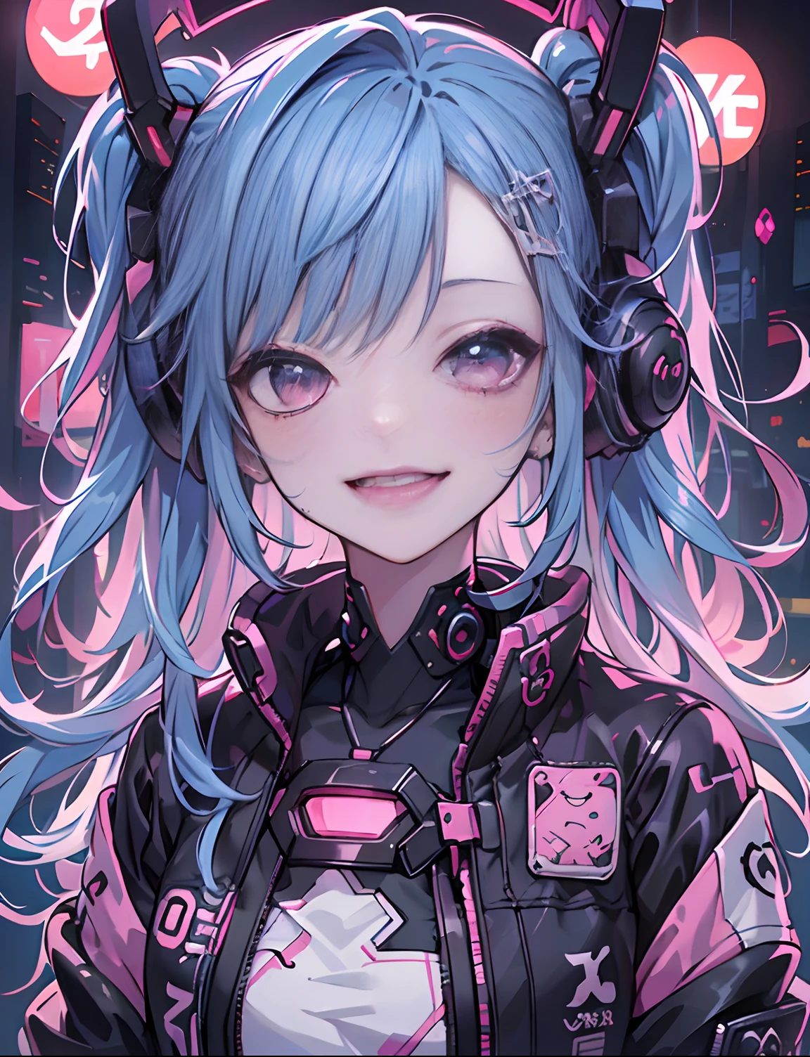 Anime masterpiece, best quality, (((laughing teenaged cyberpunk girl ((wearing detailed Harajuku tech jacket)) posing for portrait))), (((Harajuku cyberpunk clothing)))), (bold colors and patterns), eye-catching accessories, trendy and innovative hairstyle))), ((insane detail)), dazzling Cyberpunk cityscape, skyscrapers, glowing neon signs, (LED lights), anime illustration, detailed skin texture, detailed cloth texture, beautiful detailed face, intricate details, ultra detailed, strong contrast, colorful.