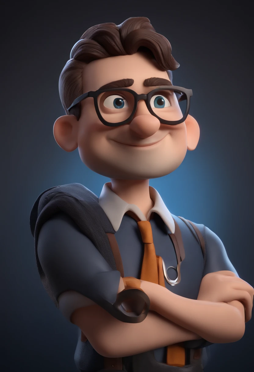 Cartoon character of a man wearing black glasses and a blue shirt, com barba, um personagem animado, Caractere estilizado, animation style rendering, 3D estilizado, Arnold Maya render, 3 d render stylized, toon render keyshot, Personagem 3D, Personagem 3D, 3d rendering stylized, 3 d character render, personagem de desenho animado, Personagem de close up, Pose de personagem, (Estilo Pixar) (master part:1.2) (Bokeh) (best quality) (pele detalhada) (textura detalhada) (8k) (argila) (Cinematic lighting) (foco nítido,Senta e vaza a parte superior do corpo