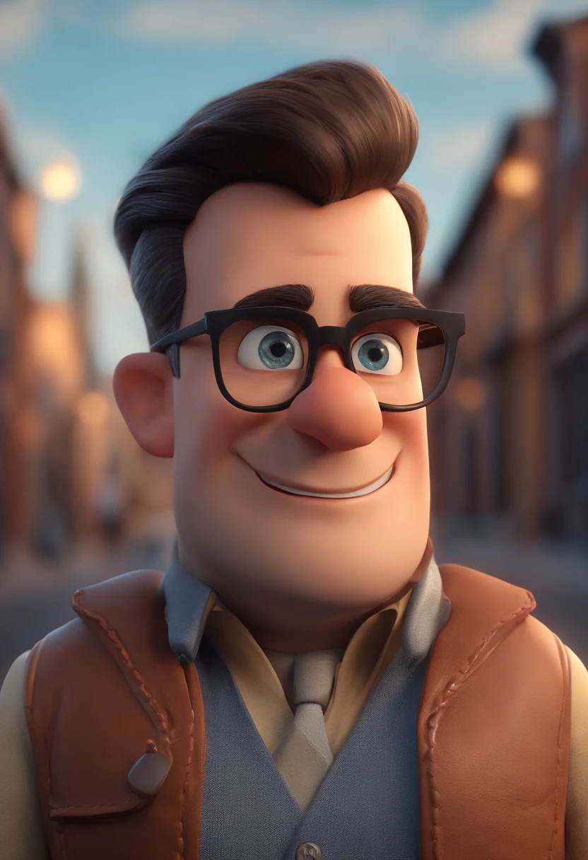 Cartoon character of a man wearing black glasses and a blue shirt, com barba, um personagem animado, Caractere estilizado, animation style rendering, 3D estilizado, Arnold Maya render, 3 d render stylized, toon render keyshot, Personagem 3D, Personagem 3D, 3d rendering stylized, 3 d character render, personagem de desenho animado, Personagem de close up, Pose de personagem, (Estilo Pixar) (master part:1.2) (Bokeh) (best quality) (pele detalhada) (textura detalhada) (8k) (argila) (Cinematic lighting) (foco nítido,Senta e vaza a parte superior do corpo