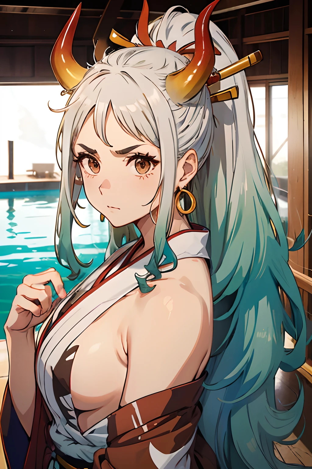 yamato, ahoge, aqua hair, (brown eyes:1.5), curled horns, earrings, green hair, grey hair, hair ornament, hair stick, high ponytail, horns, long hair, multicolored hair, multicolored horns, oni, red horns, shimenawa, sidelocks, v-shaped eyebrows, very long hair,