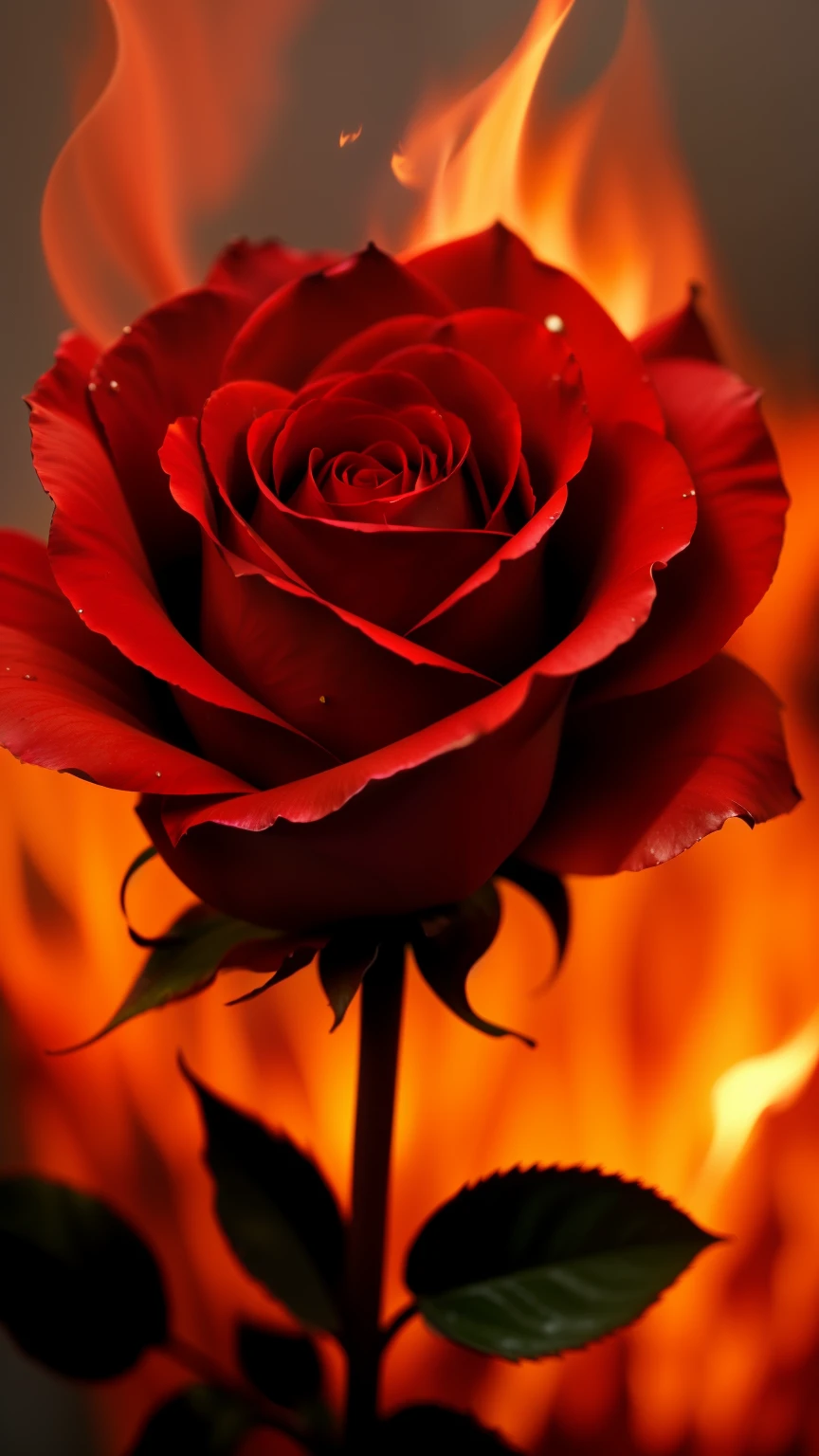 There is a red rose in the dark，There is fire on it, exploding roses, Abstract smoked rose, photo of a rose, Red rose, holy flame spell, rose twining, Red roses, black roses, rosses, author：Anna Fossley, celestial red flowers vibe, Red neon rose, Floating embers, rosette, author：Nico Henrikan