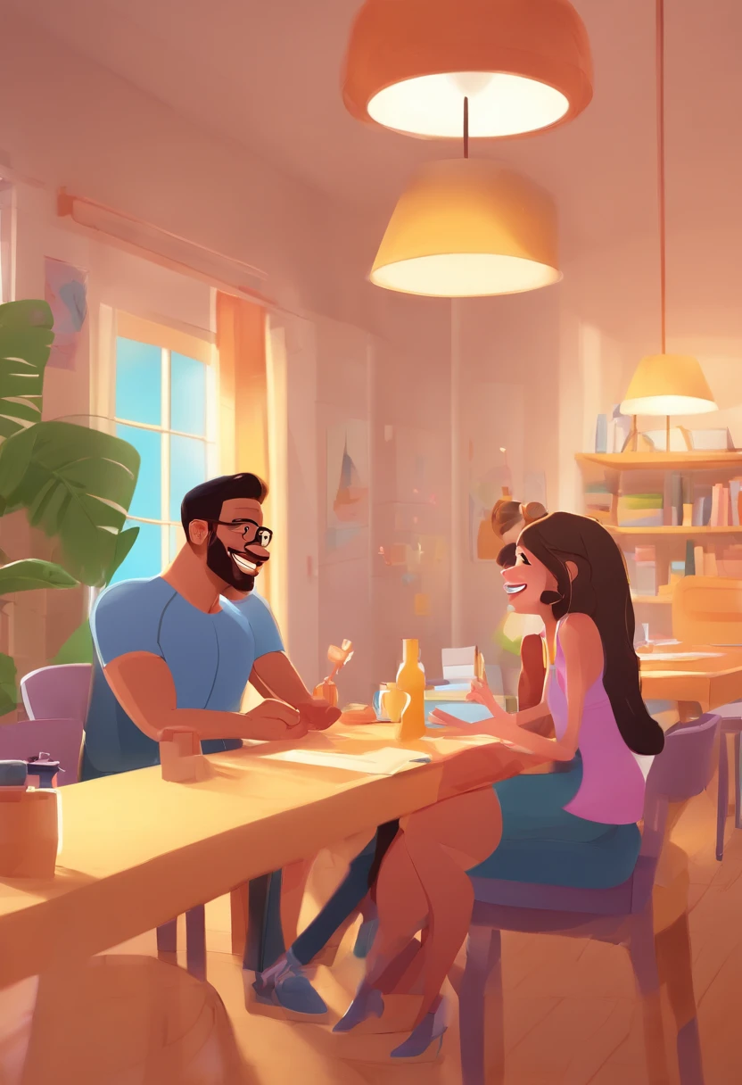 An illustration of an adorable couple, Highlight for a chubby mulatto man with smiling glasses and a brunette woman with beautiful expressive eyes - the man's skin is mulatto and the man's hair has, while the woman's skin is black and the woman's hair is straight and brown. They are a bright room, cada um com um sorriso no rosto, e compartilhar um momento especial caracterizado pelo amor, Insights. Illustrate this scene from a perspective where they are facing the camera, Smiling and Showing Your Connection. Desenvolva esta arte em Full HD, Focus on your cinematic touch, Estilo Disney Pixar Animations