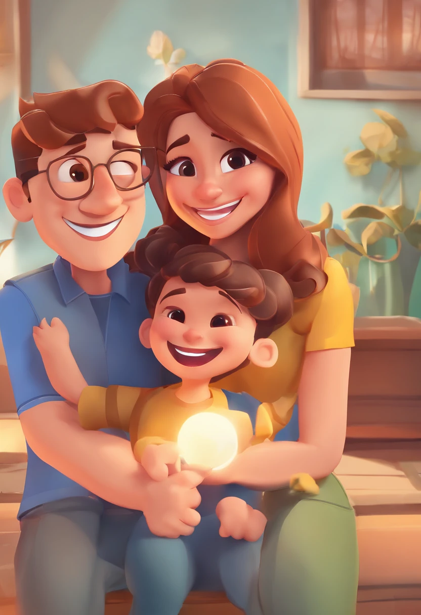 An illustration of an adorable couple, Highlight for a chubby mulatto man with smiling glasses and a brunette woman with beautiful expressive eyes - the man's skin is mulatto and the man's hair has, while the woman's skin is black and the woman's hair is straight and brown. They are a bright room, cada um com um sorriso no rosto, e compartilhar um momento especial caracterizado pelo amor, Insights. Illustrate this scene from a perspective where they are facing the camera, Smiling and Showing Your Connection. Desenvolva esta arte em Full HD, Focus on your cinematic touch, Estilo Disney Pixar Animations