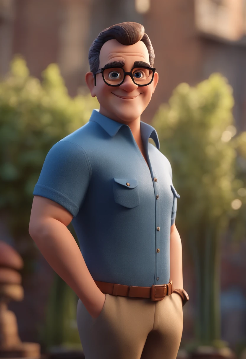 Cartoon character of a man with black glasses and a blue shirt, animation character, Caractere estilizado, animation style rendering, 3D estilizado, Arnold Maya render, 3 d render stylized, toon render keyshot, Personagem 3D, Personagem 3D, 3d rendering stylized, 3 d character render, personagem de desenho animado, Personagem de close up, Pose de personagem,  (Estilo Pixar) (master part:1.2) (Bokeh) (best quality) (pele detalhada) (textura detalhada) (8k) (argila) (Cinematic lighting) (foco nítido