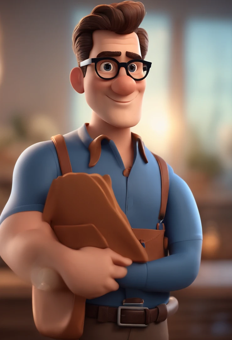 Cartoon character of a man with black glasses and a blue shirt, animation character, Caractere estilizado, animation style rendering, 3D estilizado, Arnold Maya render, 3 d render stylized, toon render keyshot, Personagem 3D, Personagem 3D, 3d rendering stylized, 3 d character render, personagem de desenho animado, Personagem de close up, Pose de personagem,  (Estilo Pixar) (master part:1.2) (Bokeh) (best quality) (pele detalhada) (textura detalhada) (8k) (argila) (Cinematic lighting) (foco nítido
