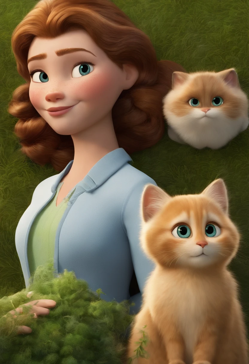 une affiche de film de Disney Pixar repérant une famille à la peau blanche. Le père est le plus grand, a une barbe, noir, cheveux courts et un peu lisse. La maman a les yeux vert et les cheveux blond , à la longueur des épaules. La petite fille a 12 ans et a les cheveux bruns, Tenue de sport blanc et noir et 6 tresses. Le garçon a 16 ans et a les cheveux blond foncé. Les 2 chats de race Ragdoll ont les yeux bleu et l’arrière-plan est un jardin de plage. Rendu 3D