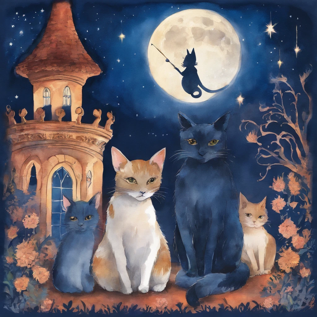 Silhouette three Cat Concert with a super large fullmoon in the background on the roof Fantastic atmosphere Picture book illustrations watercolor paiting Overall, the color is strong dark blue