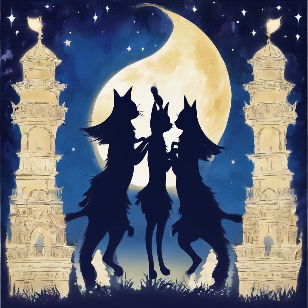 Silhouette three Cat Concert with a super large fullmoon in the background on the roof Fantastic atmosphere Picture book illustrations watercolor paiting Overall, the color is strong dark blue