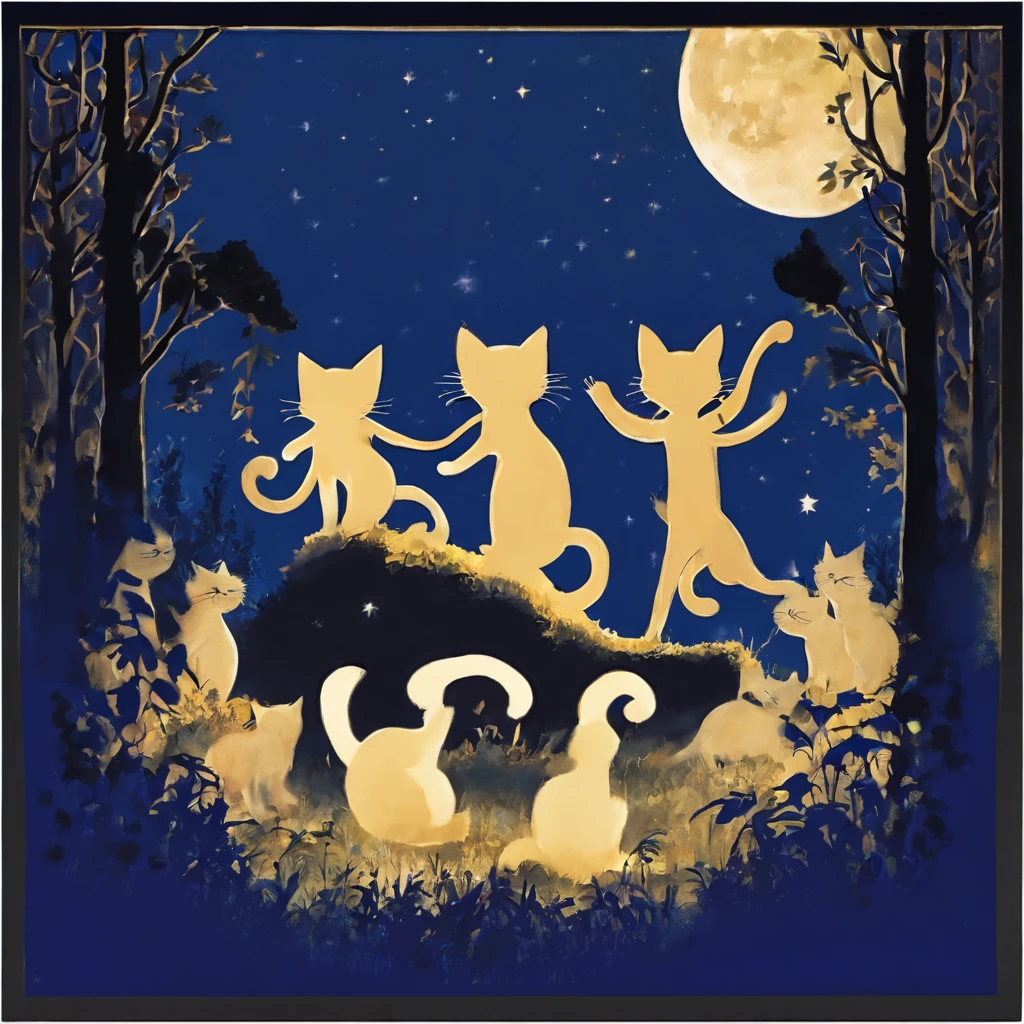 Silhouette three Cat Concert with a super large fullmoon in the background on the roof　Fantastic atmosphere　Picture book illustrations　watercolor paiting　Overall, the color is strong dark blue
