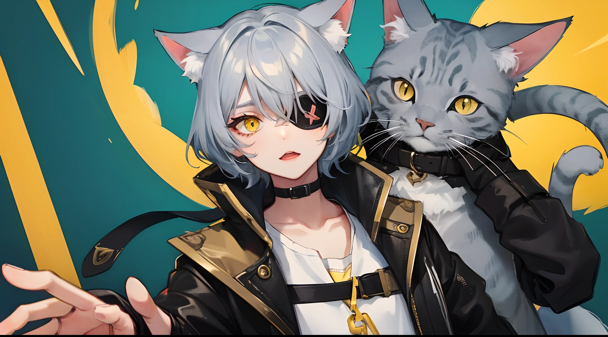 gray cat with yellow eyes dnd with eyepatch
