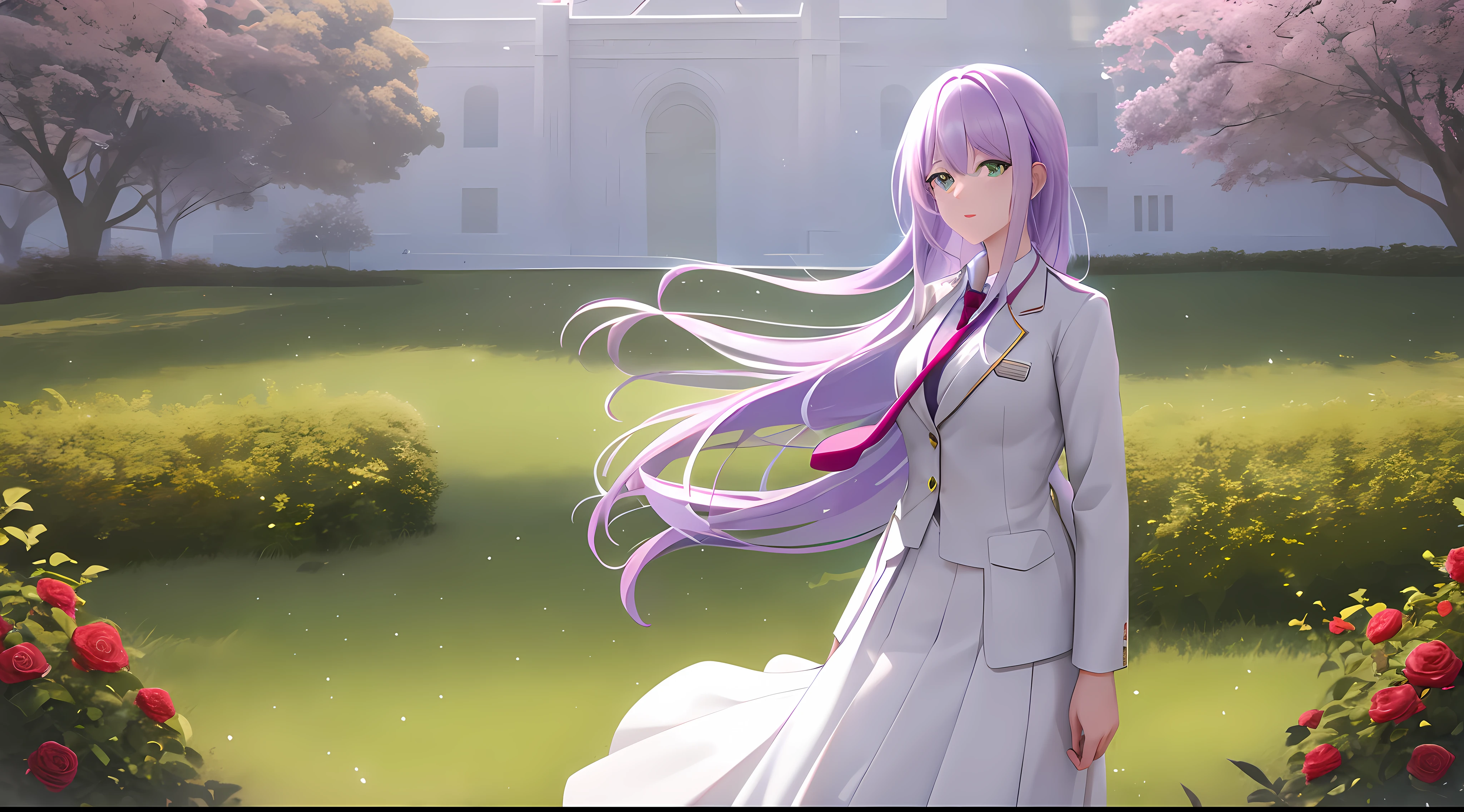 Athena with plain long light purple hair,hair between eyes,green eyes,rosy cheeks,full lips,thin eyebrows,slender body,wearing school coat necktie and full long skirt,cute anime girl,full body,red roses field in background,anime style,extremely deep depth of field,Lumen Reflections,Screen Space Reflections,Diffraction Grading,Chromatic Aberration,GB Displacement,Scan Lines,Ray Traced,Anti-Aliasing,FXAA,TXAA,RTX,SSAO,Shaders,OpenGL-Shaders, GLSL-Shaders,Post Processing,Post-Production,cell Shading,Tone Mapping,CGI,VFX,SFX,insanely detailed and intricate, 4K,standing, solo, masterpiece, best quality, detailed face, detailed eyes, highres, standing, solo,masterpiece, best quality