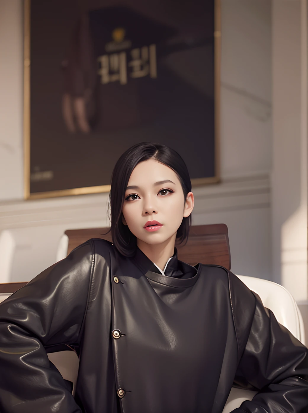There was a beautiful woman in a leather coat sitting on a chair,both hands on hip, portrait of female korean idol, trending on cgstation, Realistic. Cheng Yi, inspired by Sim Sa-jeong, Realistic anime 3 D style, trending at cgstation, Guviz-style artwork, sakimichan, Realistic art style,