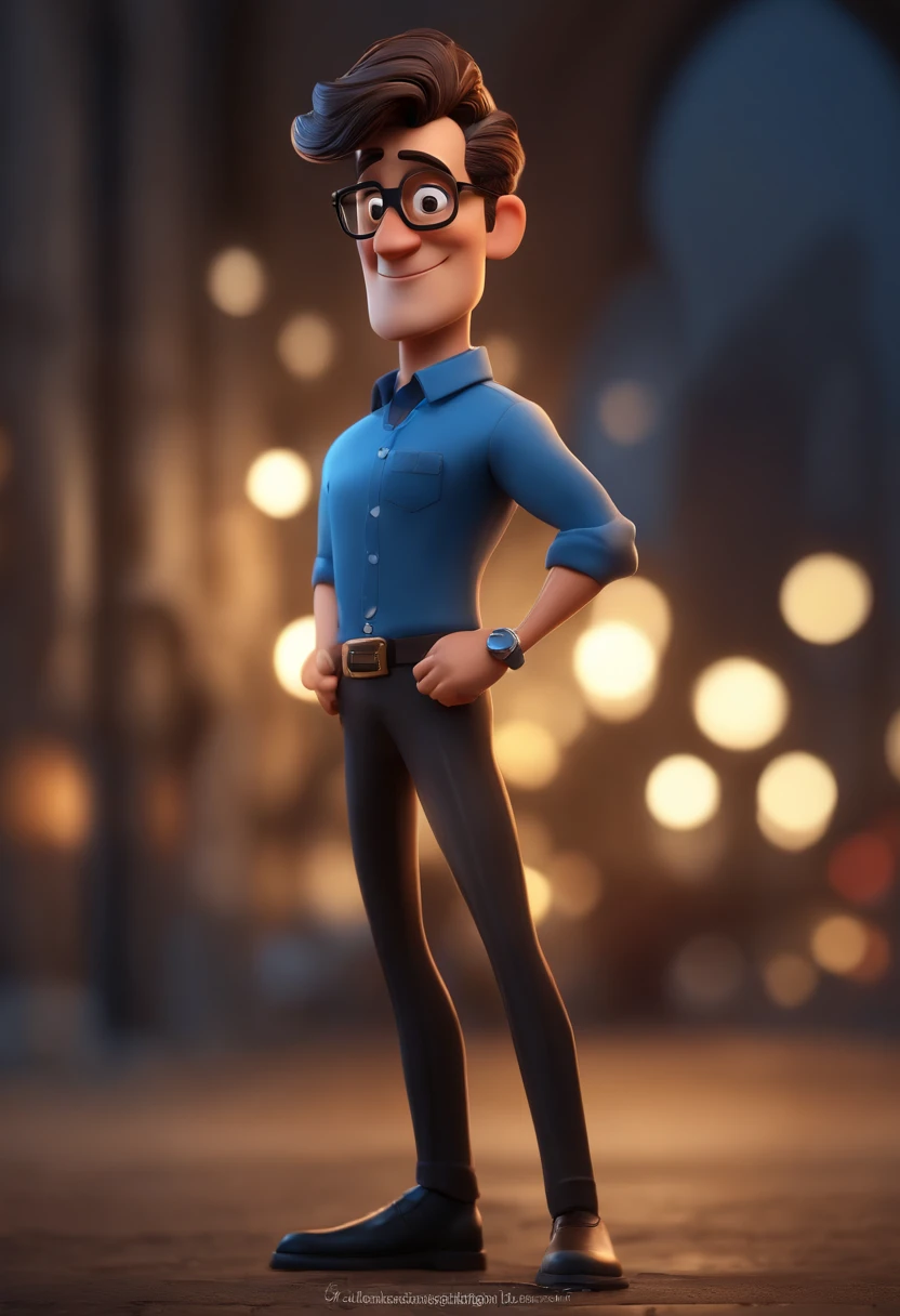 Cartoon character of a man wearing black glasses and a blue shirt, com barba grande, um personagem animado, Caractere estilizado, animation style rendering, 3D estilizado, Arnold Maya render, 3 d render stylized, toon render keyshot, Personagem 3D, Personagem 3D, 3d rendering stylized, 3 d character render, personagem de desenho animado, Personagem de close up, Pose de personagem, (Estilo Pixar) (master part:1.2) (Bokeh) (best quality) (pele detalhada) (textura detalhada) (8k) (argila) (Cinematic lighting) (foco nítido，Senta e vaza a parte superior do corpo