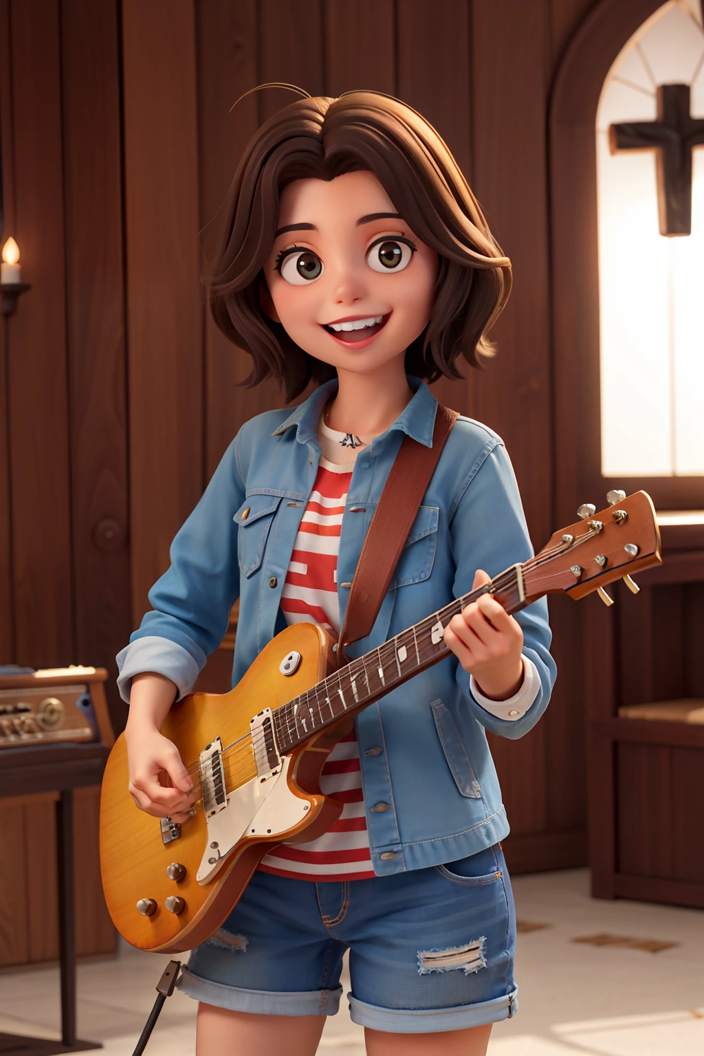 obra-prima, alta qualidade melhor qualidade, menina, cabelo crespo, preta, Christian, Bible, igreja, guitarrista, sorriso, Eva