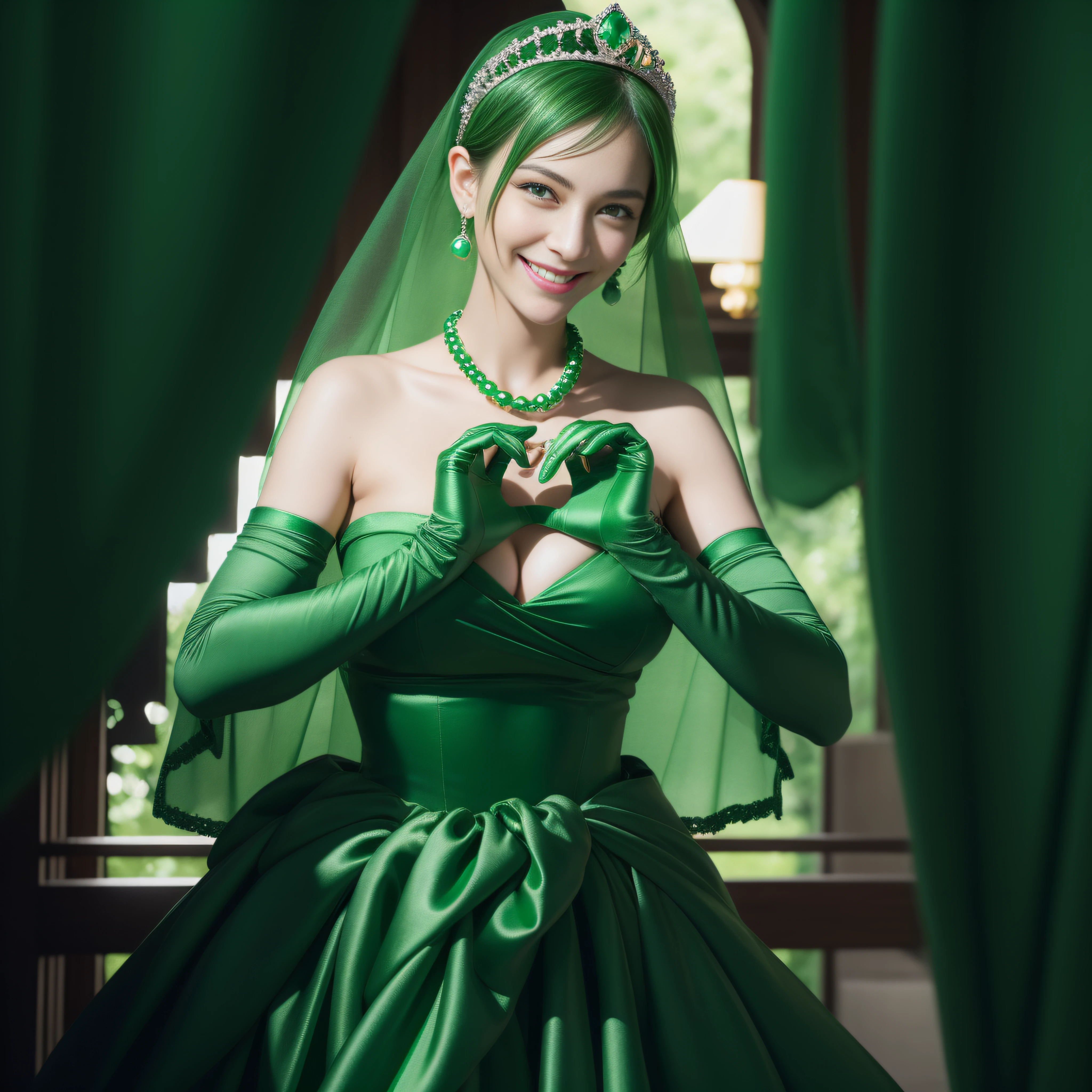 emerald tiara, Green Pearl Necklace, Boyish very short green hair, lipsticks, Japan woman smiling, very short short hair, big breasts beautiful, Green eyes, Long green gloves made of satin material, Green eyes, Emerald Earrings, green vale, Heart with both hands