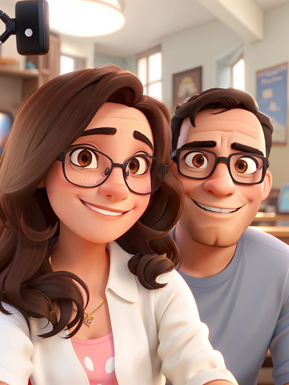 A imagem mostra um homem e uma mulher um ao lado do outro, ambos sorrindo e posando para uma foto. The man is wearing a tie, which suggests a formal or semi-formal occasion. They're in front of a dining table, que tem algumas cadeiras colocadas ao redor. The table is set with a few glasses of wine, indicating that they may be attending a social event or meeting. The couple seems to be enjoying their time together and capturing a memorable moment.