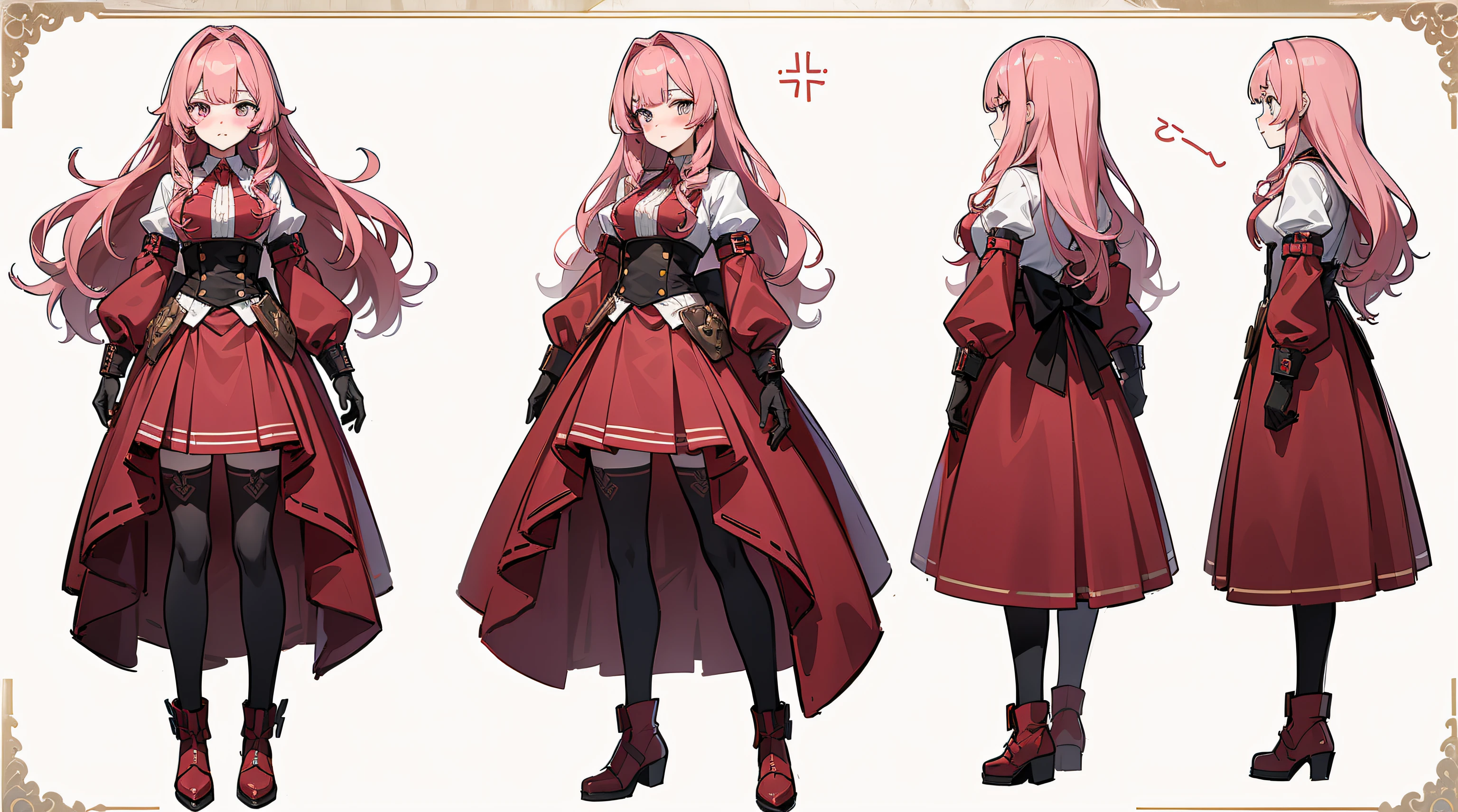 (Masterpiece, highest quality)), detailed face, character sheet, Full body, full of details, multiple poses and expressions, highly detailed, depth, many parts, 1girl, red skirt, gloves, stockings, long sleeves, pink hair, wavy hair, long hair, blunt bangs, tsundere