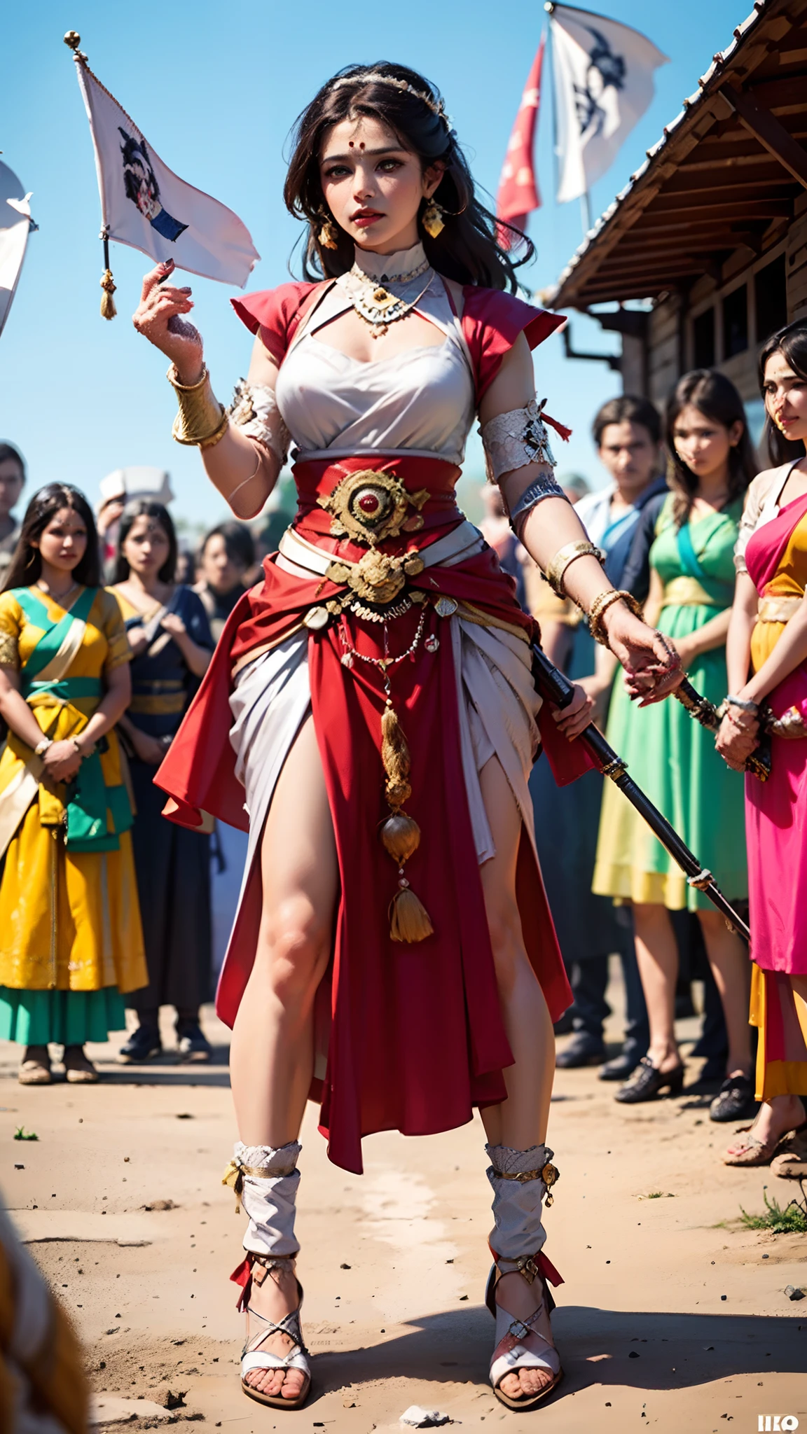 Female Khmer warrior, long black hair, dark brown tanned, Armour on, bangles, Angkor temple, full body, holding weapon, sexy tied hair up, crowd on the head, wearing jewelry, Sak yant tattoos on the arm, curvy body, wear brown and green wrap sarong outfits, dark skinned, cute face, big lips, Diamond shape faces, wide nice nose, defined features on the face, apsara jewelry on, gold leaves jewelry, fighting at war