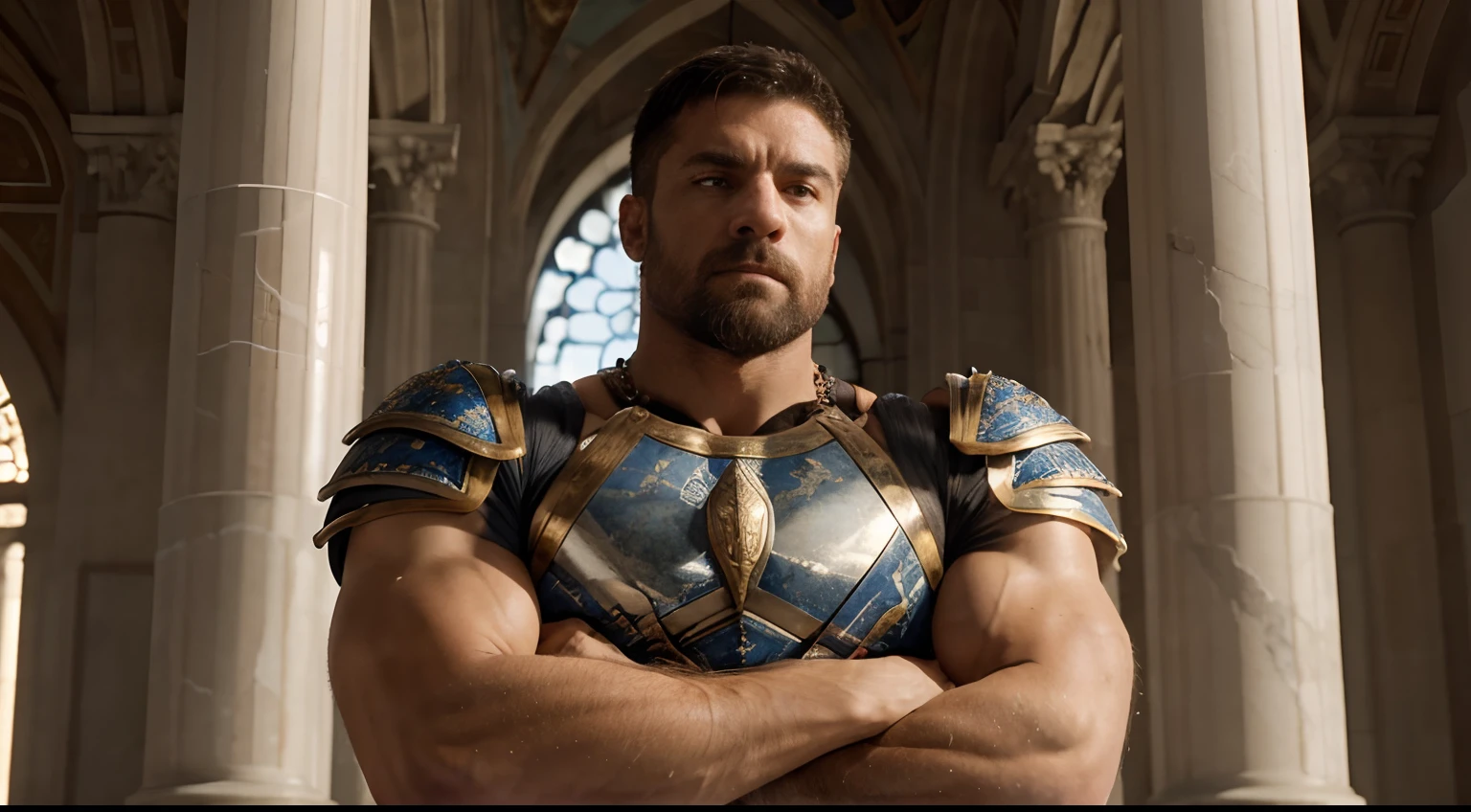 (best quality:1.2, highres, ultra-detailed), strong, muscular, stoic gladiator standing with arms crossed in front of provocations, marble material, intense expression on his face, powerful physique, detailed armor and weapons, epic battle scene in the background