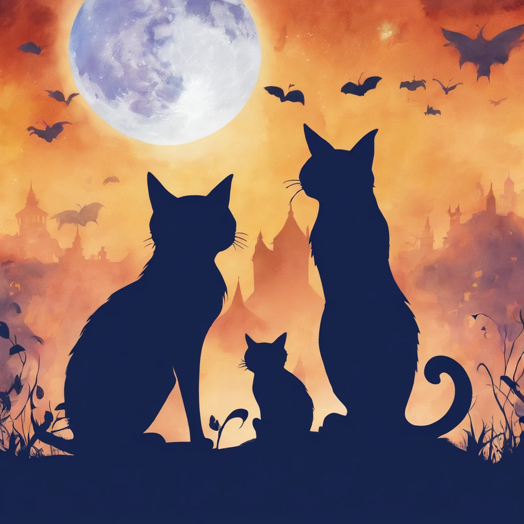 Silhouette three Cat Concert with a super large fullmoon in the background on the roof Fantastic atmosphere Picture book illustrations watercolor paiting Overall, the color is strong dark blue