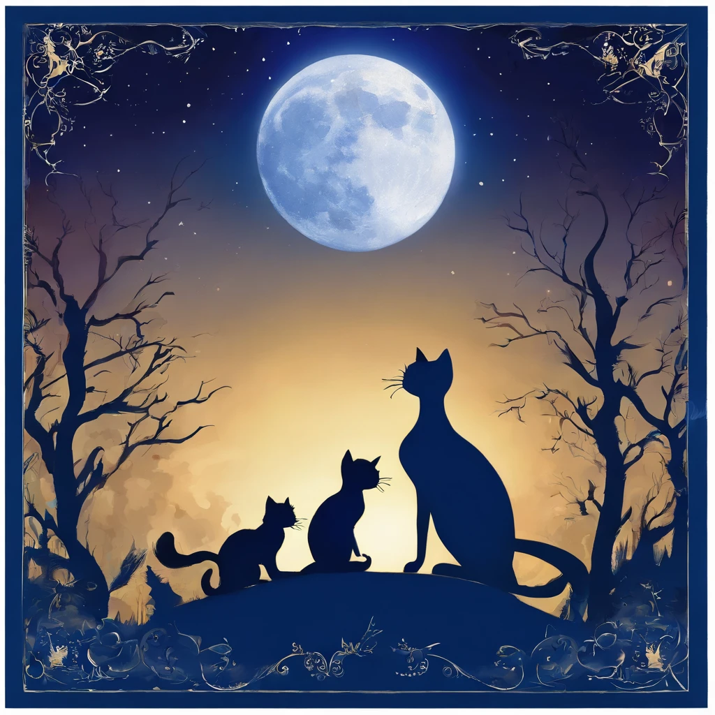 Silhouette three Cat Concert with a super large fullmoon in the background on the roof　Fantastic atmosphere　Picture book illustrations　watercolor paiting　Overall, the color is strong dark blue