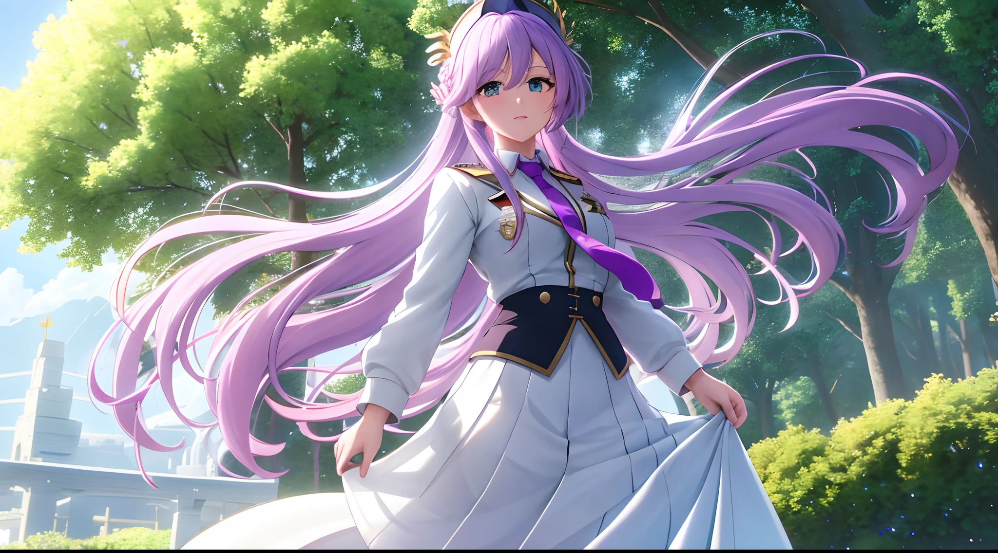 Athena with plain long light purple hair,hair between eyes,green eyes,rosy cheeks,full lips,thin eyebrows,slender body,wearing school coat necktie and full long skirt,cute anime girl,full body,fortress with trees in background,anime style,extremely deep depth of field,Lumen Reflections,Screen Space Reflections,Diffraction Grading,Chromatic Aberration,GB Displacement,Scan Lines,Ray Traced,Anti-Aliasing,FXAA,TXAA,RTX,SSAO,Shaders,OpenGL-Shaders, GLSL-Shaders,Post Processing,Post-Production,cell Shading,Tone Mapping,CGI,VFX,SFX,insanely detailed and intricate, 4K,standing, solo, masterpiece, best quality, detailed face, detailed eyes, highres, standing, solo,masterpiece, best quality
