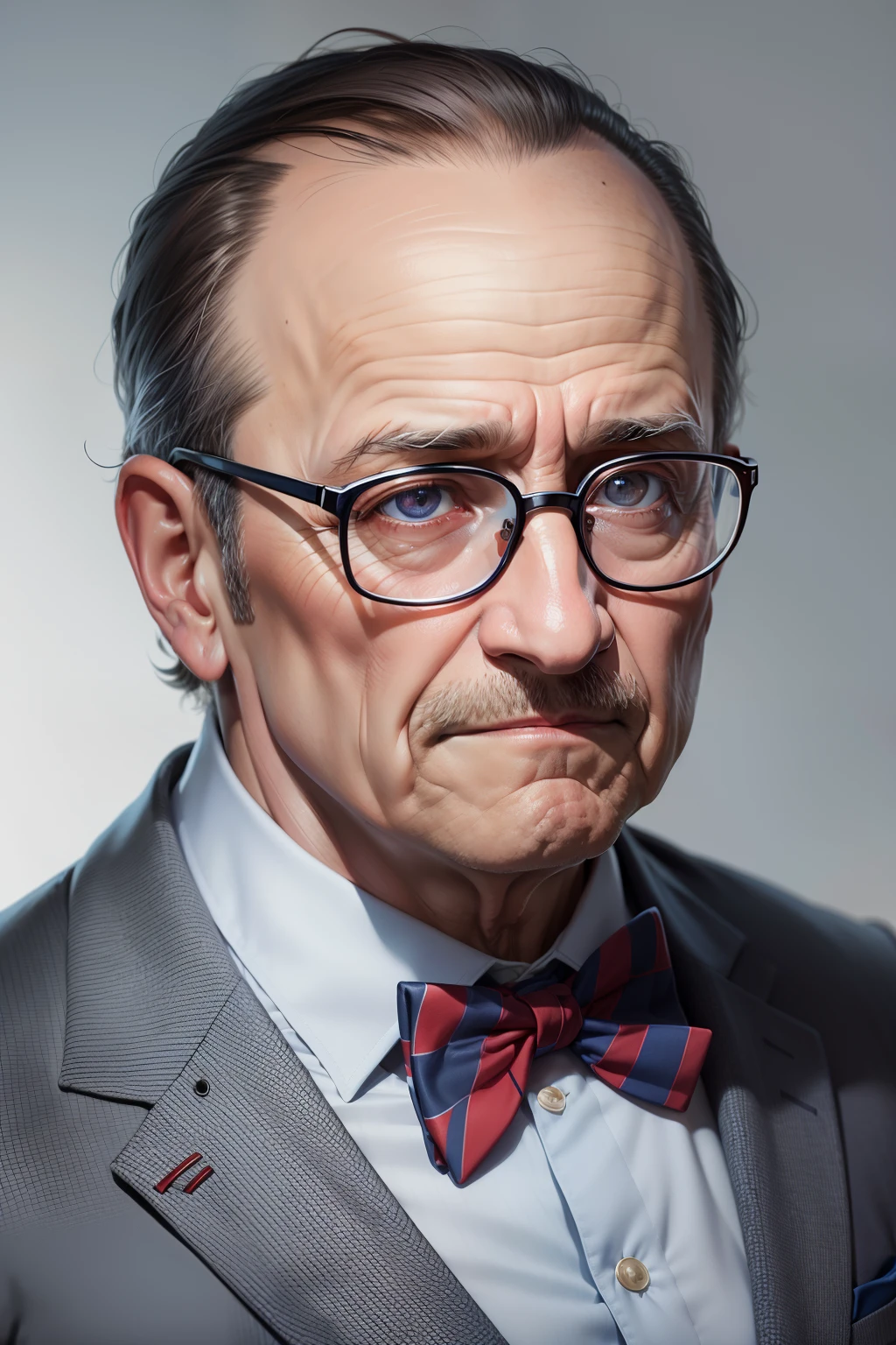 Color portrait of economist Murray Rothbard, 50 years old, wearing a bow tie with red and navy blue stripes, brown eyes, gray hair, brown acrylic men's glasses, super realistic.
