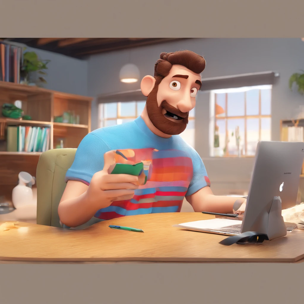 Criar um personagem no estilo Pixar. Trata-se de um homem de 30 anos, com barba, Branco, com cabelos castanhos curtos e um quiff, e olhos castanhos. Ele deve estar na frente de um computador, Trabalhar como designer
