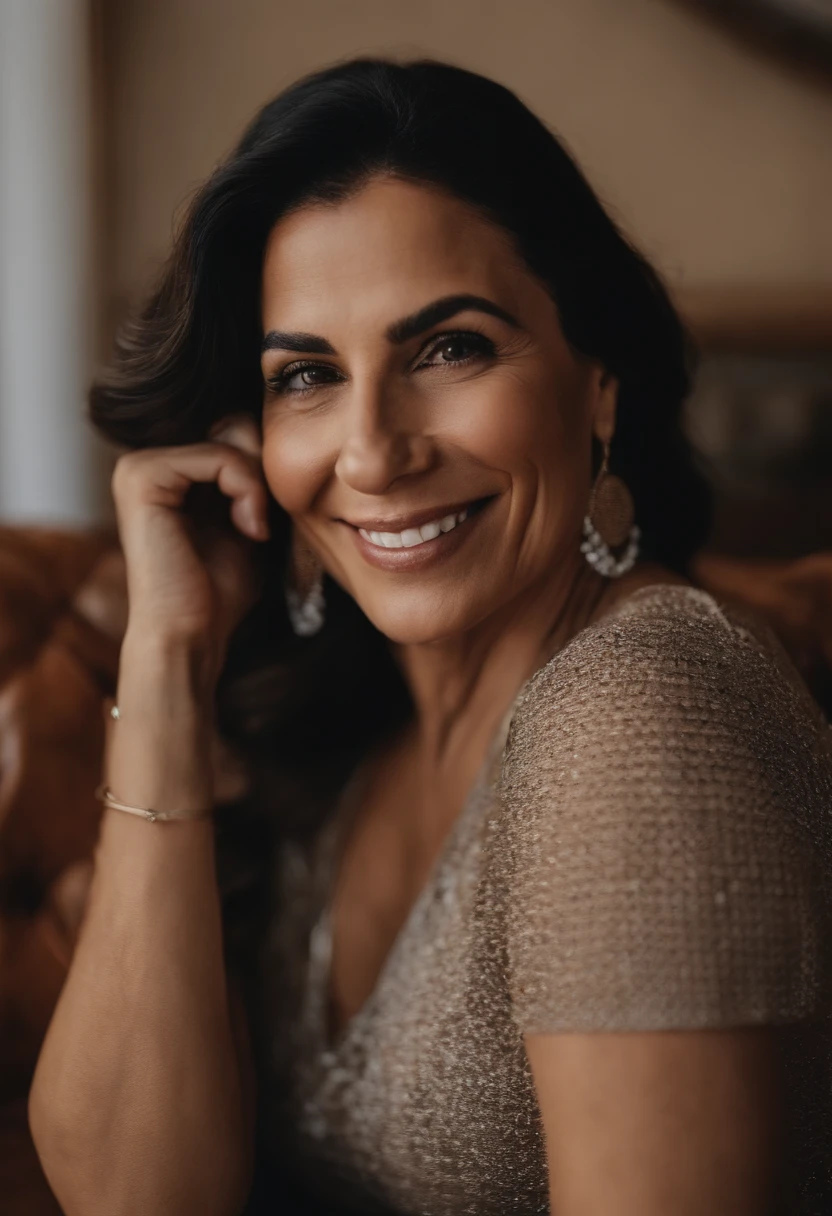 Lying on a couch smiling at the camera, 45-year-old Brazilian mother, imagem de perfil, Alanis Guillen, both smiling for the camera, coluna, Lorena Avarez, fotografia do perfil, taken in the early 2020s, momma and papa, imagem de qualidade muito baixa, fotografia, fotografia de perfil, fotografia de perfil, Karla Ortiz