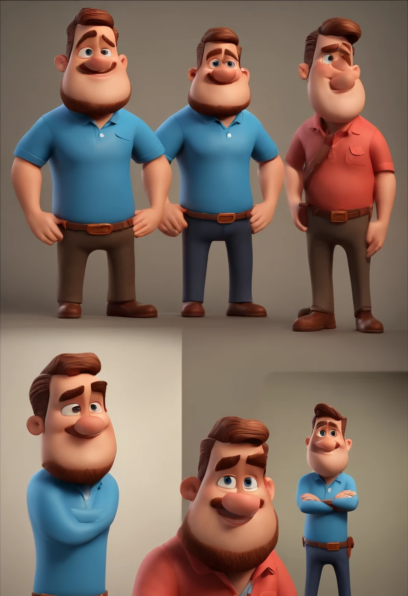 Cartoon character of a man without glasses and a blue shirt, com barba grande grossa, um personagem animado, Caractere estilizado, animation style rendering, 3D estilizado, Arnold Maya render, 3 d render stylized, toon render keyshot, Personagem 3D, Personagem 3D, 3d rendering stylized, 3 d character render, personagem de desenho animado, Personagem de close up, Pose de personagem, (Estilo Pixar) (master part:1.2) (Bokeh) (best quality) (pele detalhada) (textura detalhada) (8k) (argila) (Cinematic lighting) (foco nítido，Senta e vaza a parte superior do corpo