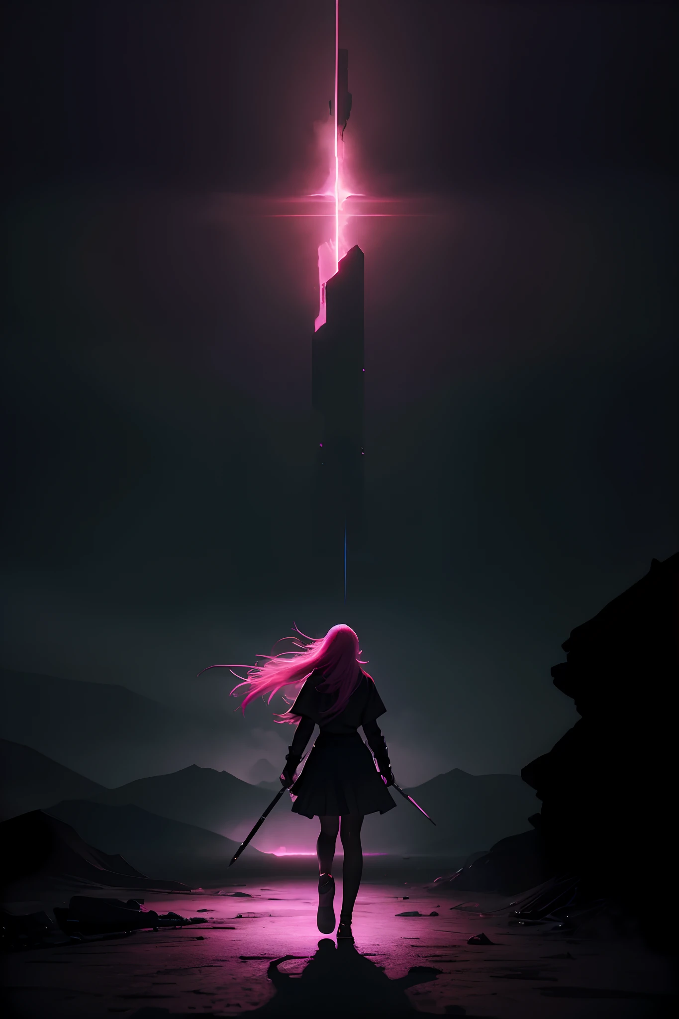 Hitori Gotō (Gotō Hitori?) Retrato ultra detallado , Long Warm Pink Hair Black Skirt Cyberpunk Ambience, con una guitarra, tocadola caminando,Shaded illustration of high-quality cells in post-apocalyptic style, cuerpo completo, dynamic  pose, Perfect Anatomia, centrado, libertad, alma, approach to perfection, Sombreado de celdas, 4k, cinematic dramatic atmosphere, Pintura de acuarela, global ilumination, Entorno detallado e intrincado, Art Station, arte conceptual, fluid and sharp focus, volumetric illumination, cinematography lighting