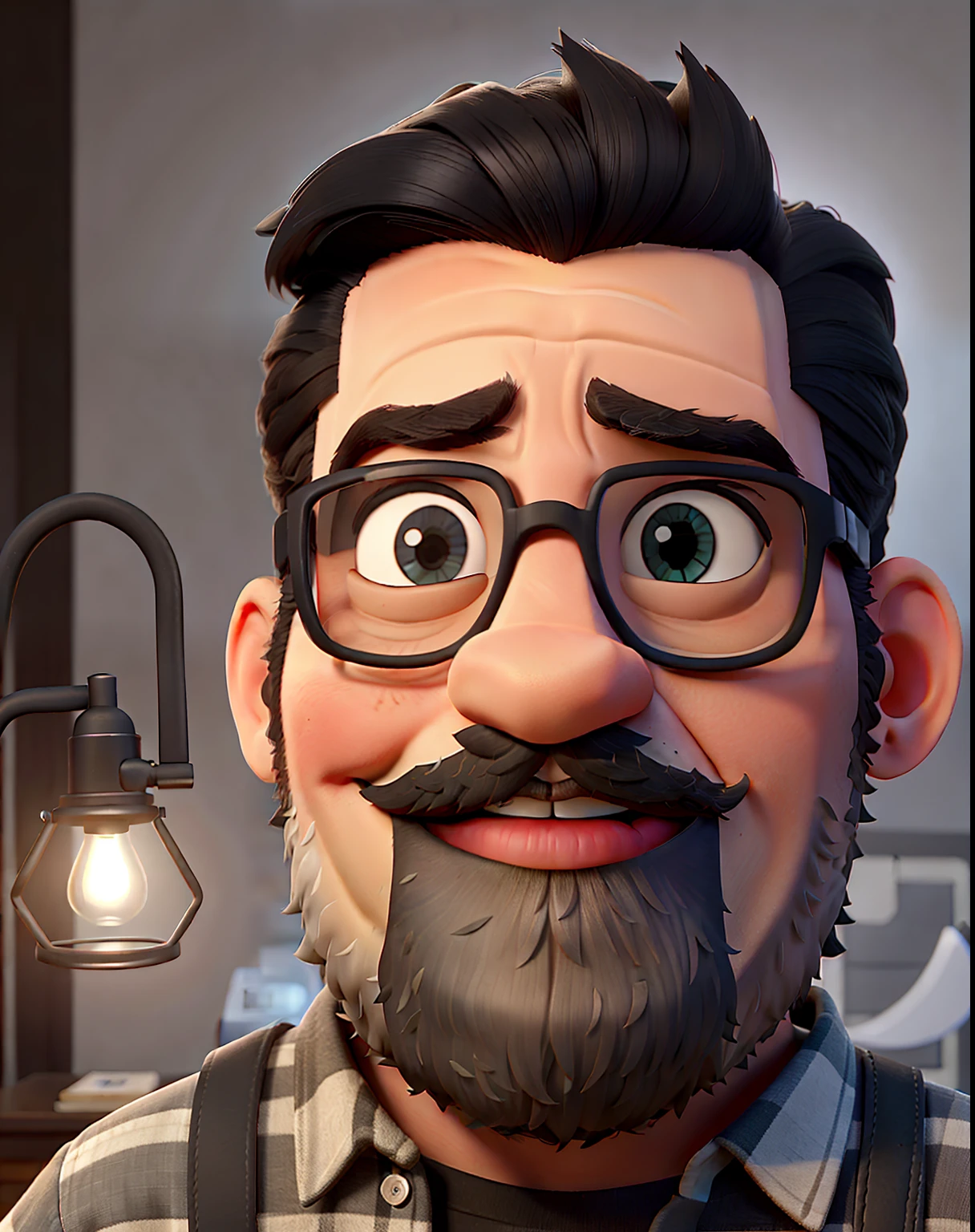 Um homem negro de 30 anos, With eye Glasses, bigode e barba no queixo, parado na frente, illuminated by the light of a lamp, contra o pano de fundo de uma igreja