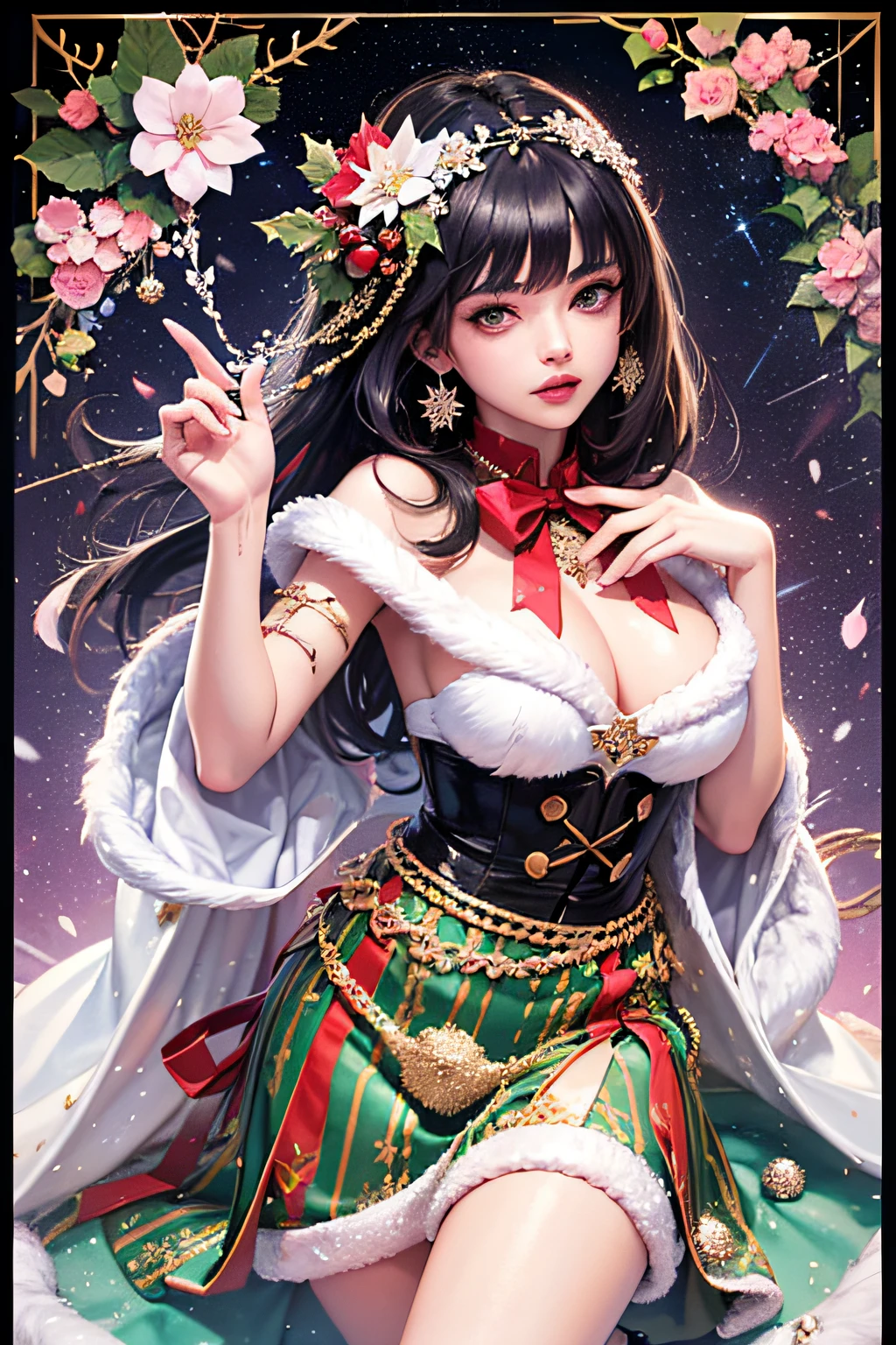 In a manga Christmas painting, Selena Gomez adorns a (glittering Santa costume) with (flirtatious snowflakes) falling gently around her, while (whimsical mistletoe) hangs from an (interdimensional cherry blossom) tree, hinting at a (dreamy midnight romance) beneath the (cosmic mistletoe spell).
