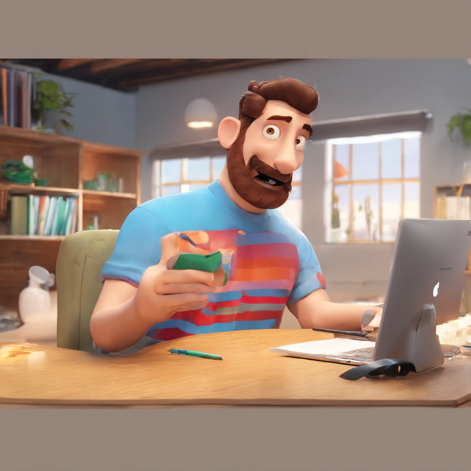 Criar um personagem no estilo Pixar. Trata-se de um homem de 30 anos, com barba, Branco, com cabelos castanhos curtos e um quiff, e olhos castanhos. Ele deve estar na frente de um computador, Trabalhar como designer
