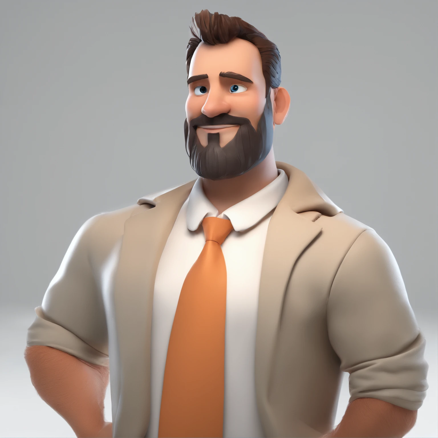 Criar um personagem no estilo Pixar. Trata-se de um homem de 30 anos, com barba, Branco, com cabelos castanhos curtos e um quiff, e olhos castanhos. Ele deve estar na frente de um computador, Trabalhar como designer
