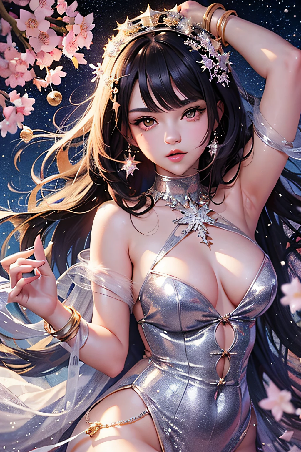 In a manga Christmas painting, Selena Gomez adorns a (glittering Santa costume) with (flirtatious snowflakes) falling gently around her, while (whimsical mistletoe) hangs from an (interdimensional cherry blossom) tree, hinting at a (dreamy midnight romance) beneath the (cosmic mistletoe spell).