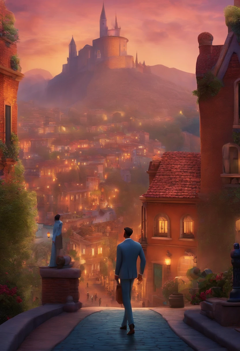 A city councilman looking at a dream project inspired by Pixar animation, de perto. The character takes center stage with captivating facial expressions, oferecendo um toque de irrealidade