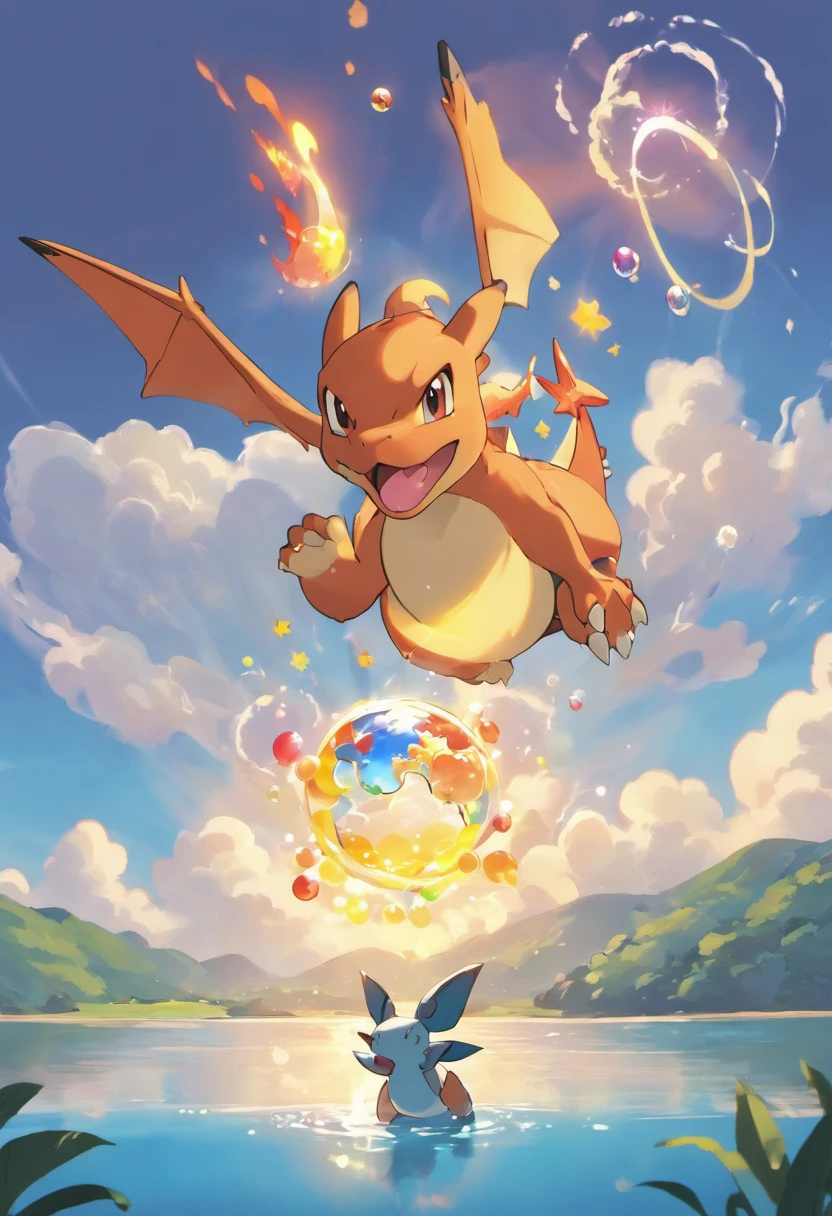 A heartwarming scene in ultra-high-definition 3D showing a Charizard making a wish next to a tranquil lake. Charizard, lindamente renderizado em detalhes, It is seen gently blowing bubbles of fire into the air, each carrying a hopeful desire. As chamas captam o reflexo do sol poente, criando um sonhador, magical effect. The general atmosphere is tender, full of hope and serenity