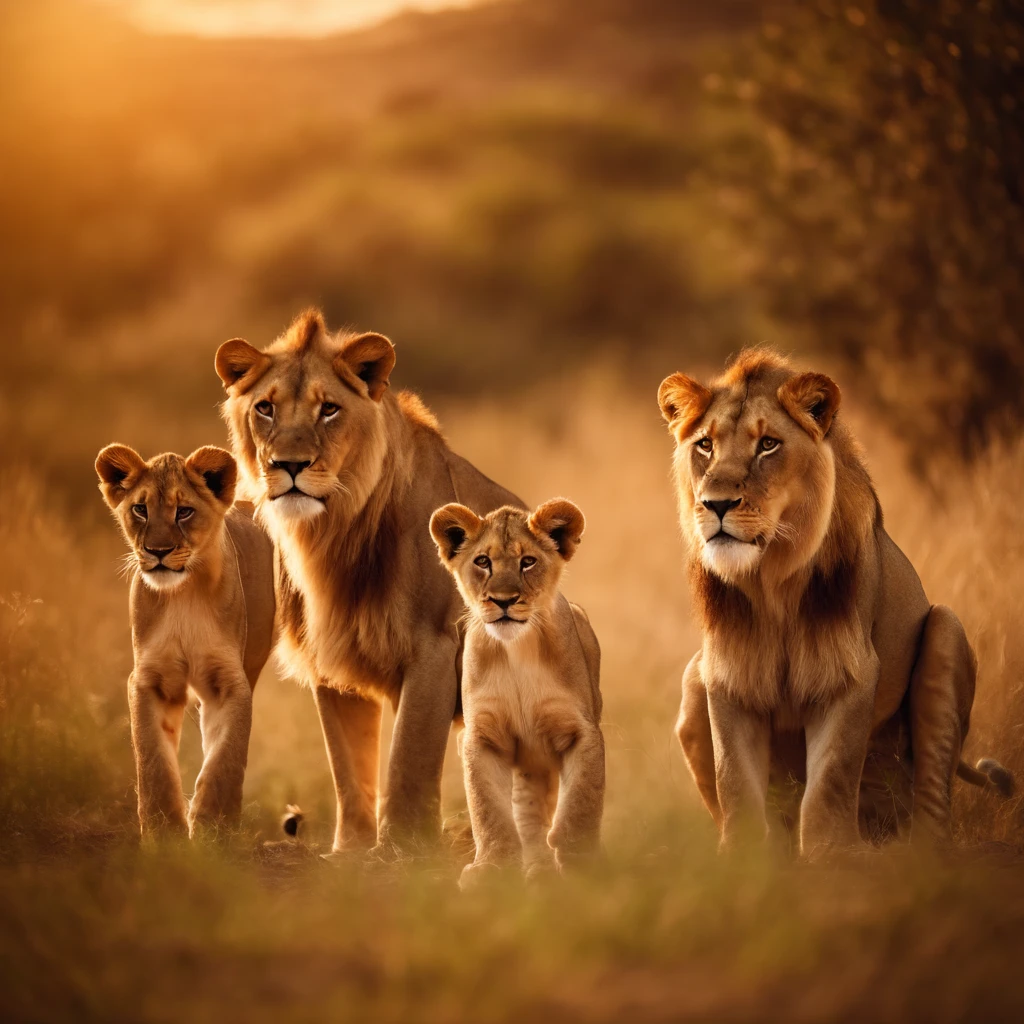 Family of a lion, three baby lion and a lioness