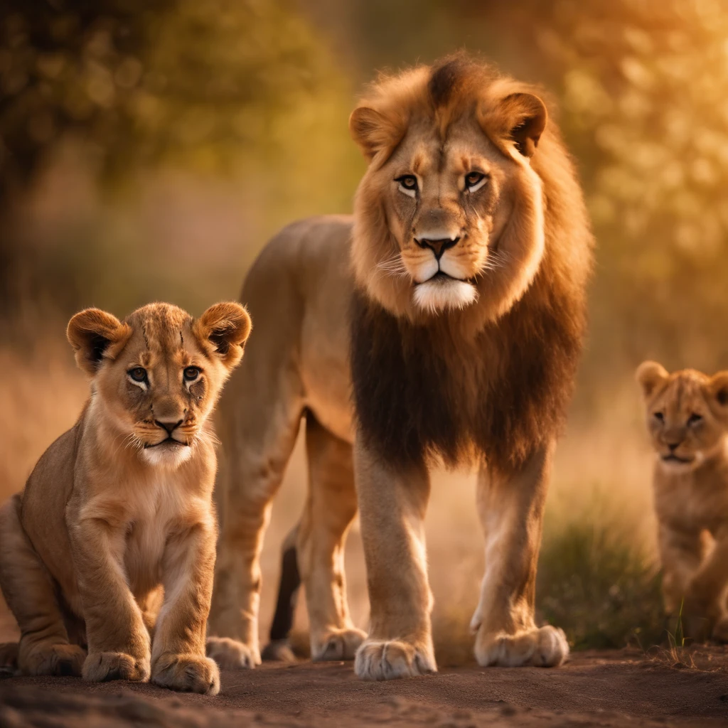 Family of a lion, three baby lion and a lioness