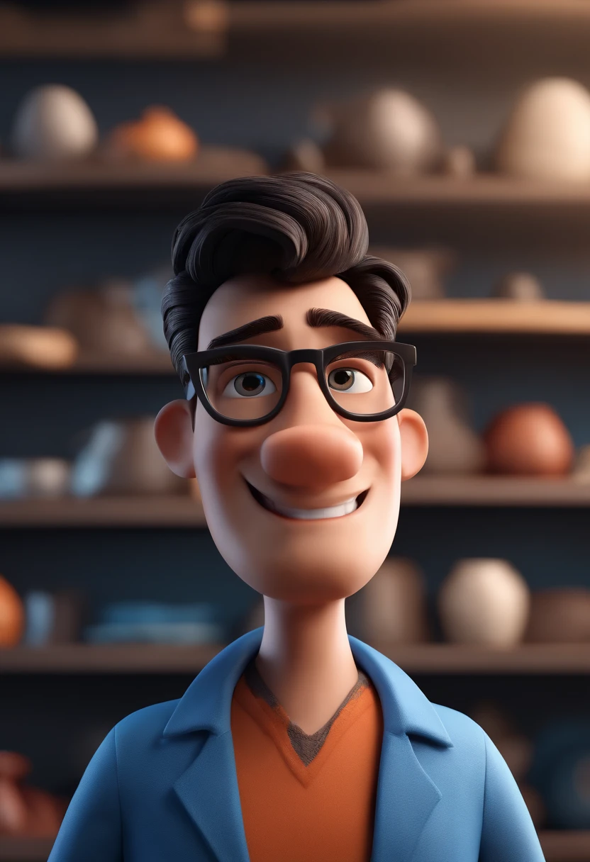 Cartoon character of a man with black glasses and a blue shirt, animation character, Caractere estilizado, animation style rendering, 3D estilizado, Arnold Maya render, 3 d render stylized, toon render keyshot, Personagem 3D, Personagem 3D, 3d rendering stylized, 3 d character render, personagem de desenho animado, Personagem de close up, Pose de personagem,  (Estilo Pixar) (master part:1.2) (Bokeh) (best quality) (pele detalhada) (textura detalhada) (8k) (argila) (Cinematic lighting) (foco nítido