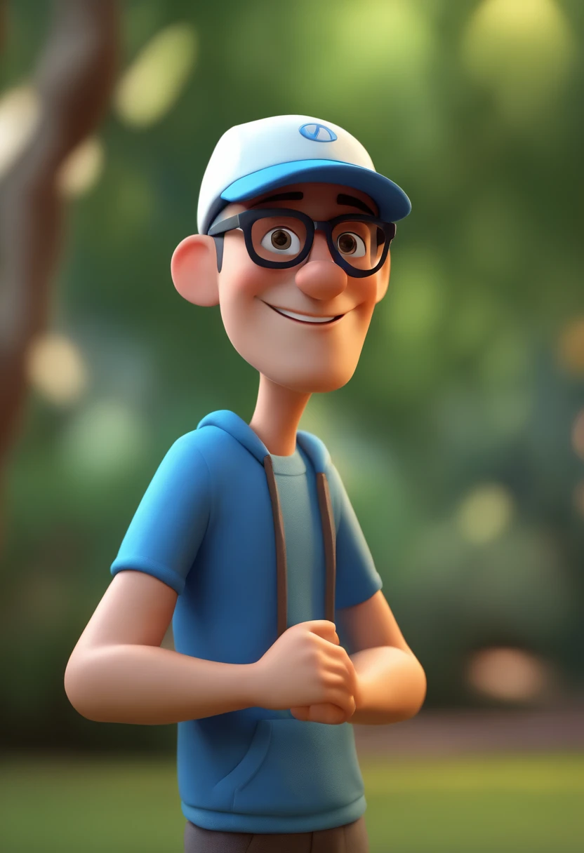 Cartoon character of a man wearing black glasses, a blue sweatshirt and a white cap, um personagem animado, Caractere estilizado, animation style rendering, 3D estilizado, Arnold Maya render, 3 d render stylized, toon render keyshot, Personagem 3D, Personagem 3D, 3d rendering stylized, 3 d character render, personagem de desenho animado, Personagem de close up, Pose de personagem, (Estilo Pixar) (master part:1.2) (Bokeh) (best quality) (pele detalhada) (textura detalhada) (8k) (argila) (Cinematic lighting) (foco nítido,Senta e vaza a parte superior do corpo
