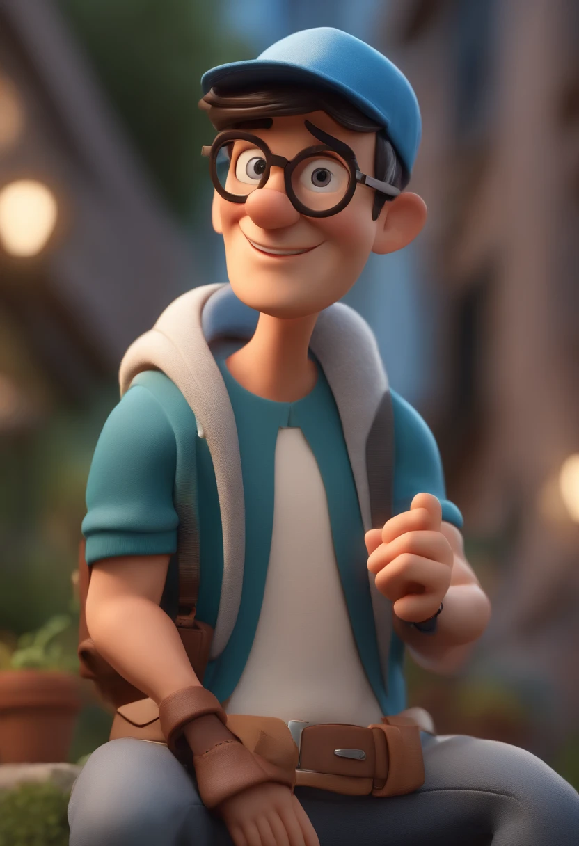 Cartoon character of a man wearing black glasses, a blue sweatshirt and a white cap, um personagem animado, Caractere estilizado, animation style rendering, 3D estilizado, Arnold Maya render, 3 d render stylized, toon render keyshot, Personagem 3D, Personagem 3D, 3d rendering stylized, 3 d character render, personagem de desenho animado, Personagem de close up, Pose de personagem, (Estilo Pixar) (master part:1.2) (Bokeh) (best quality) (pele detalhada) (textura detalhada) (8k) (argila) (Cinematic lighting) (foco nítido，Senta e vaza a parte superior do corpo