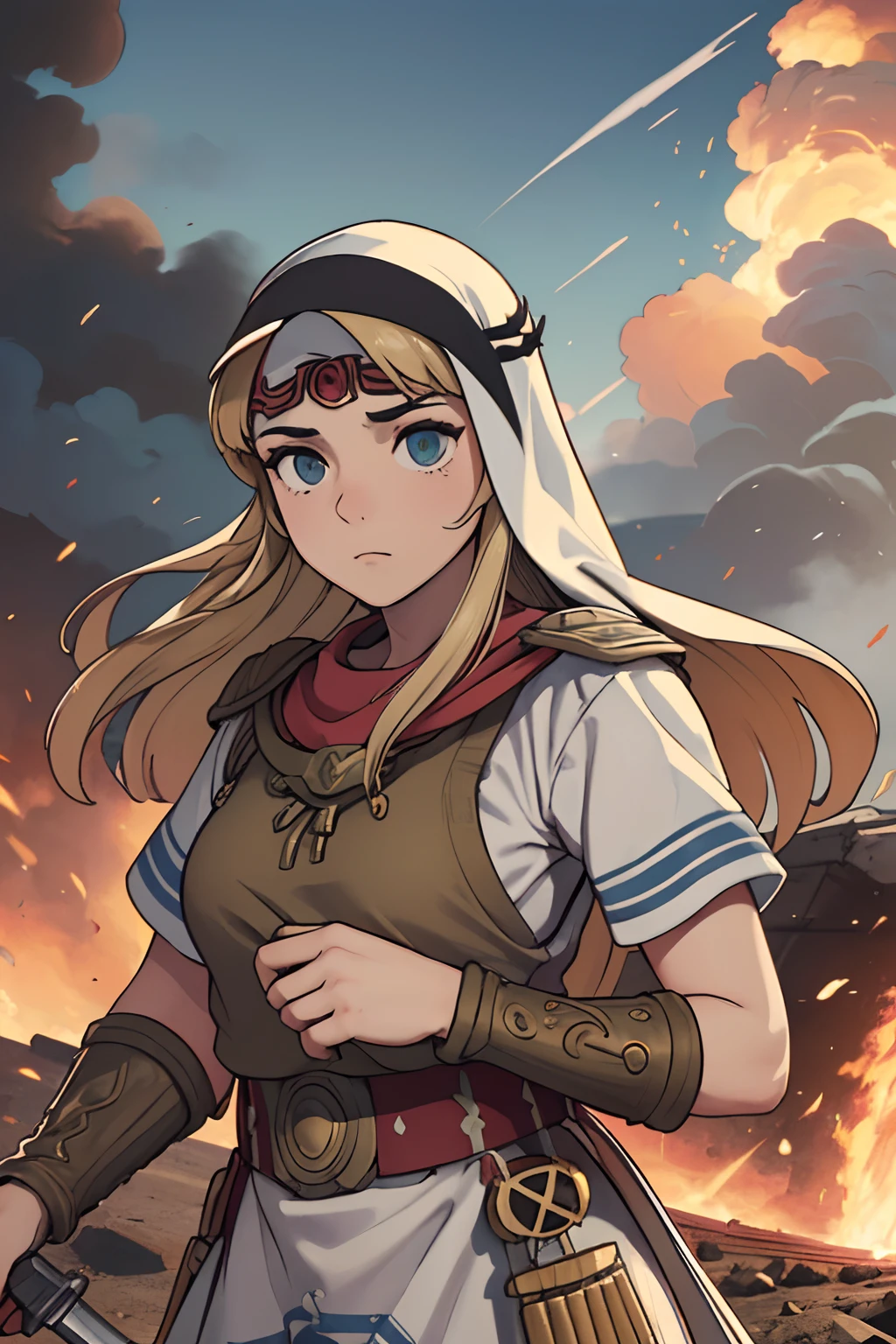 (master part:1.5), (melhor qualidade), (altamente detalhado), (ultra-detalhado), (1girl:1.2), (corpo inteiro:1.2), (Rapariga), (blonde hair), (weapon in hand), (cena de batalha de guerra), (Atmosfera sangrenta), (smoke billowing), (fire), (corpses), (Chaotic background), (Explosions), (roupas rasgadas), (Determined expression), (suor e sujeira), (ferido), (dynamic pose), (armadura quebrada), (paisagem queimada), (postura de luta), (detritos fumegantes), (Chamas:1.3), (gritos de guerra), (sons de guerra:1.1)